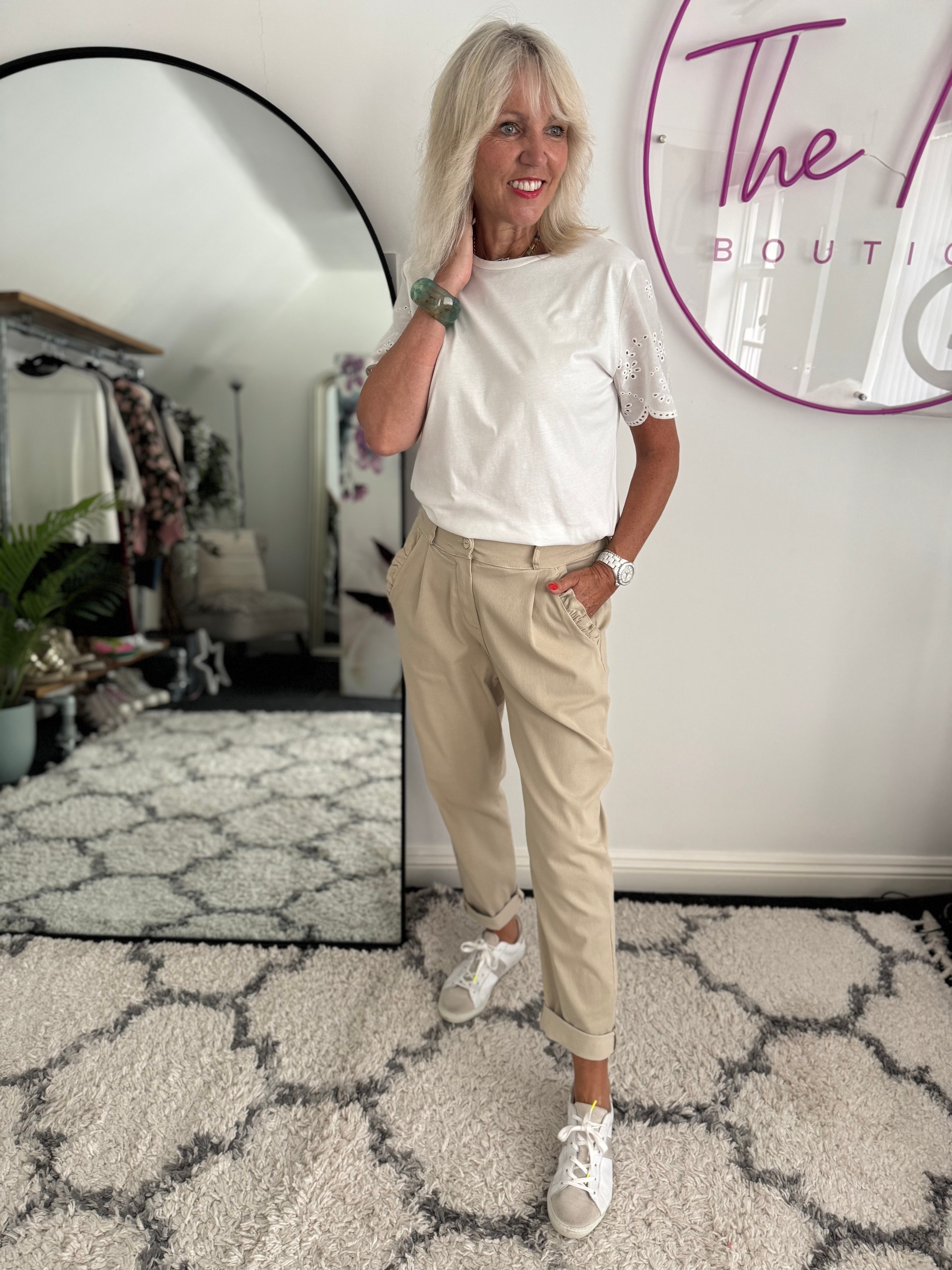 Luxe Stretch Trousers with Ruffle Pocket in Stone
