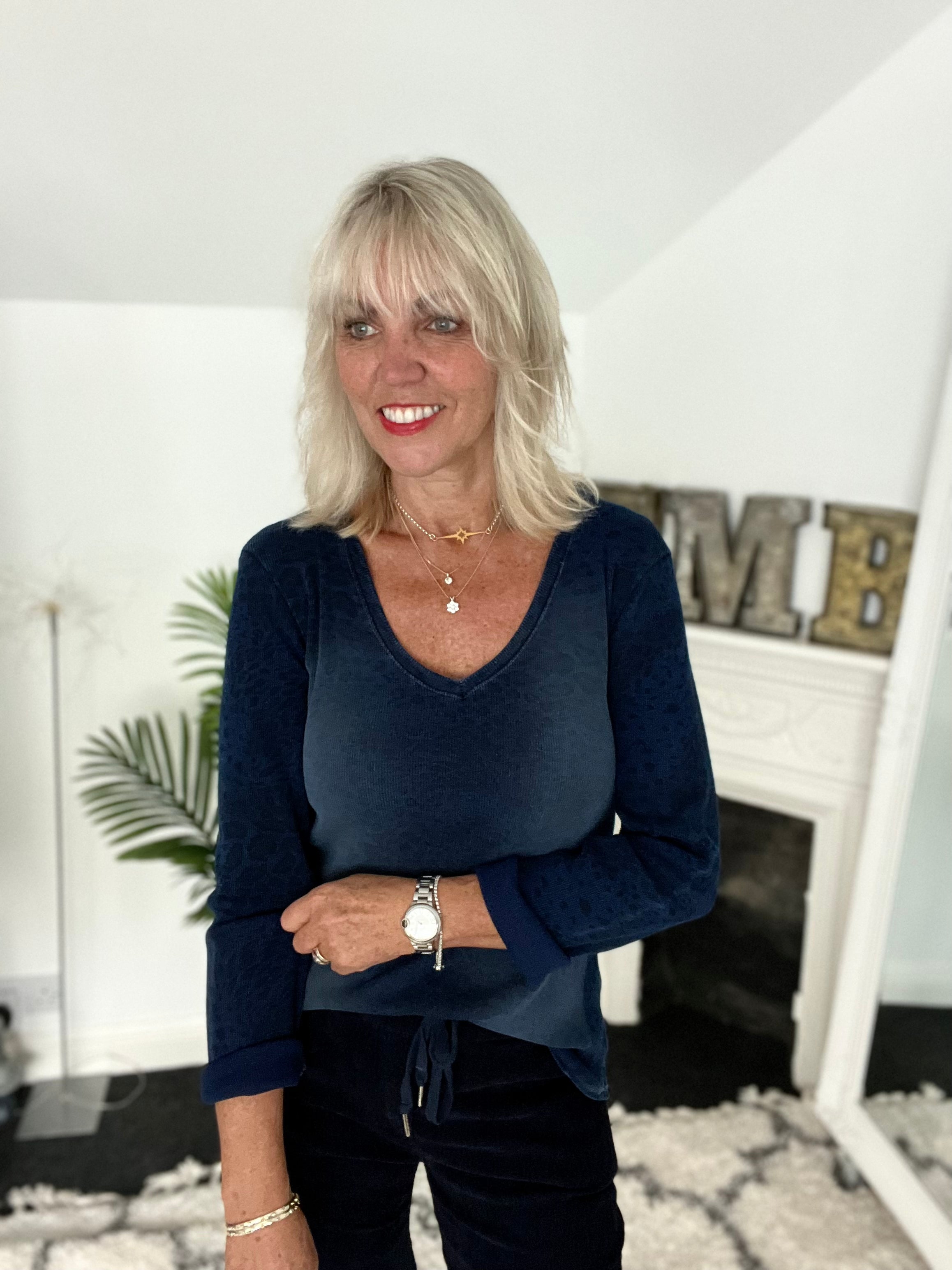 Long Sleeve Top with Leopard Print in Vintage Indigo