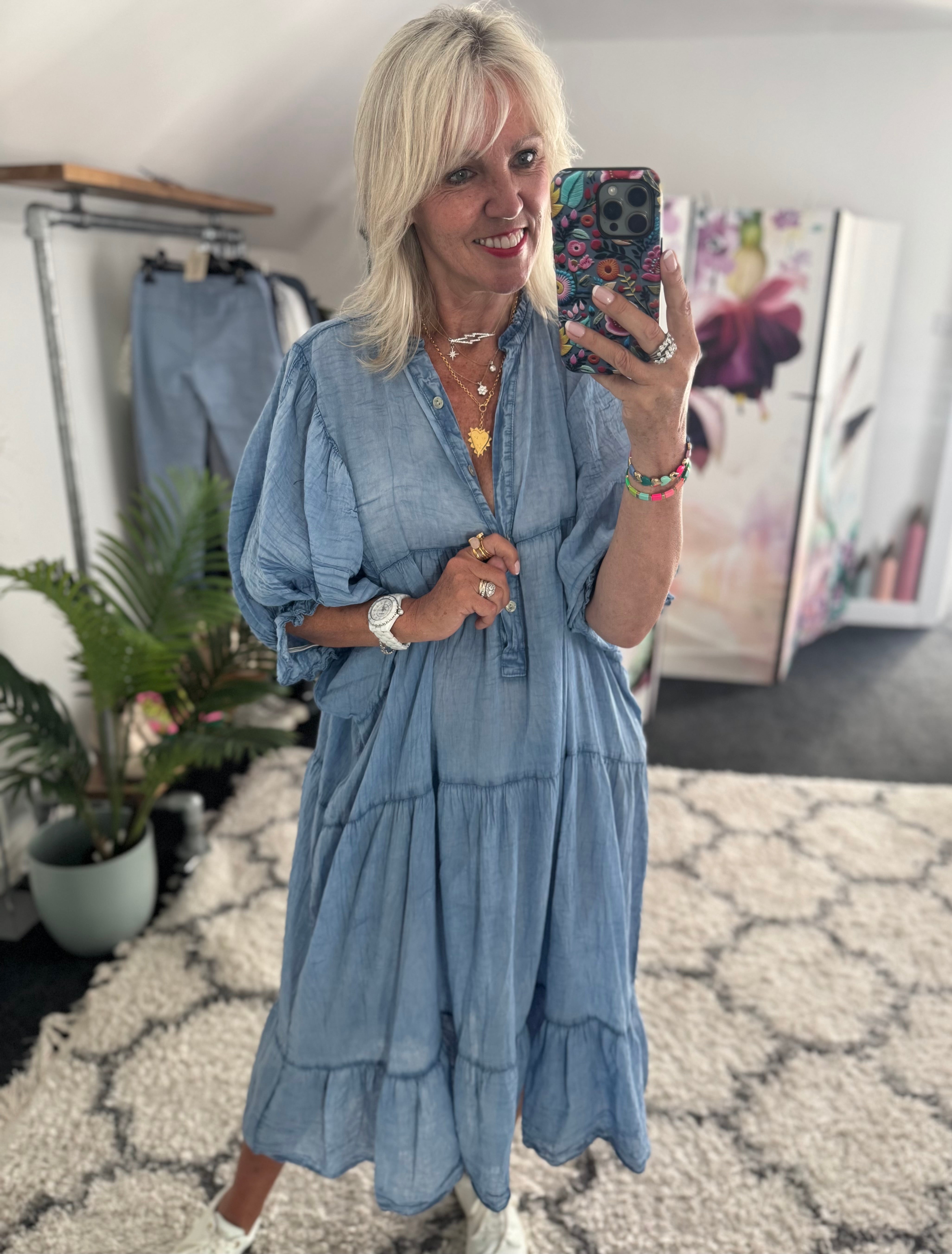 Oversized Cotton Tiered Dress in Vintage Blue
