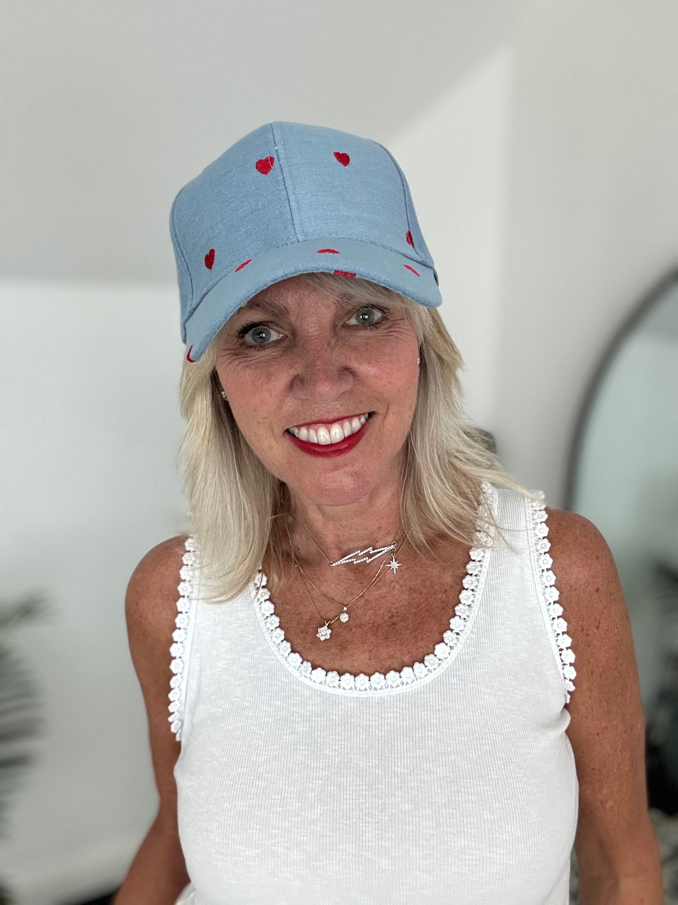 Denim Blue Cap with Red Hearts