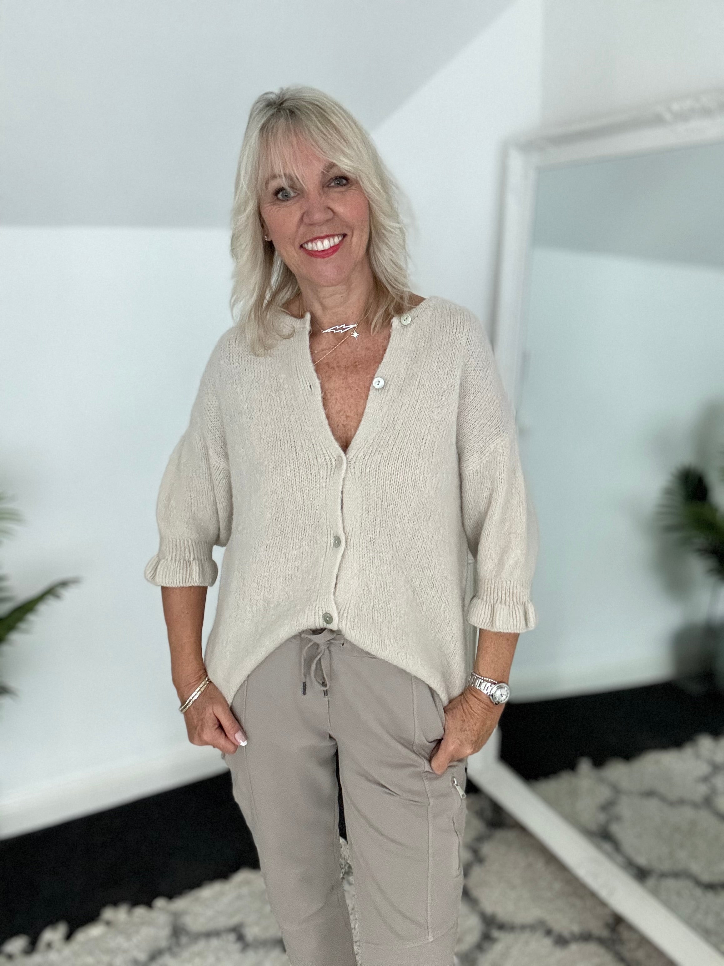 Alpaca Cardi with Frill Cuffs in Ecru