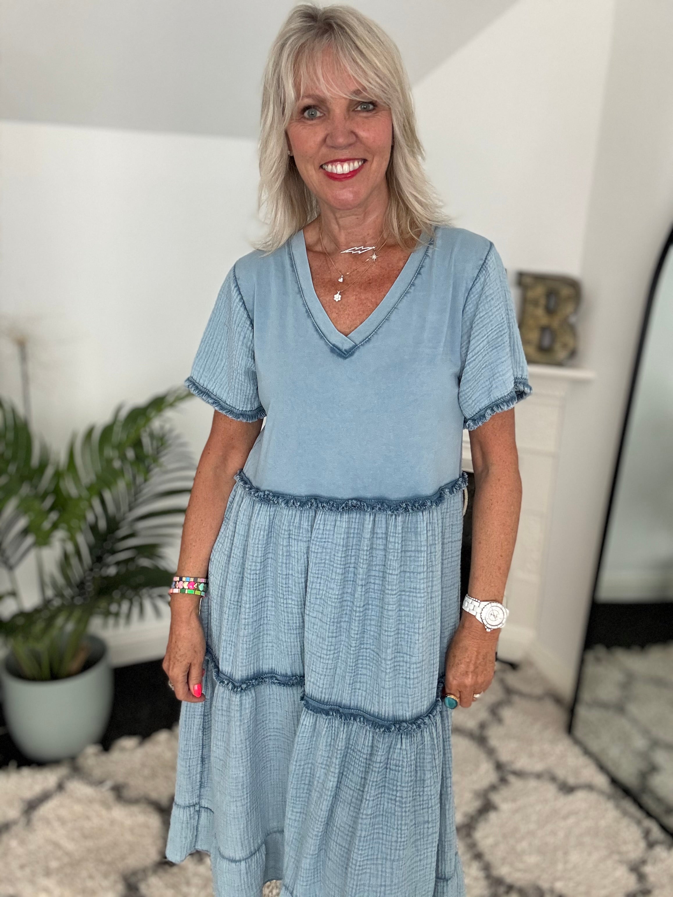 Tiered Cheesecloth Dress in Blue