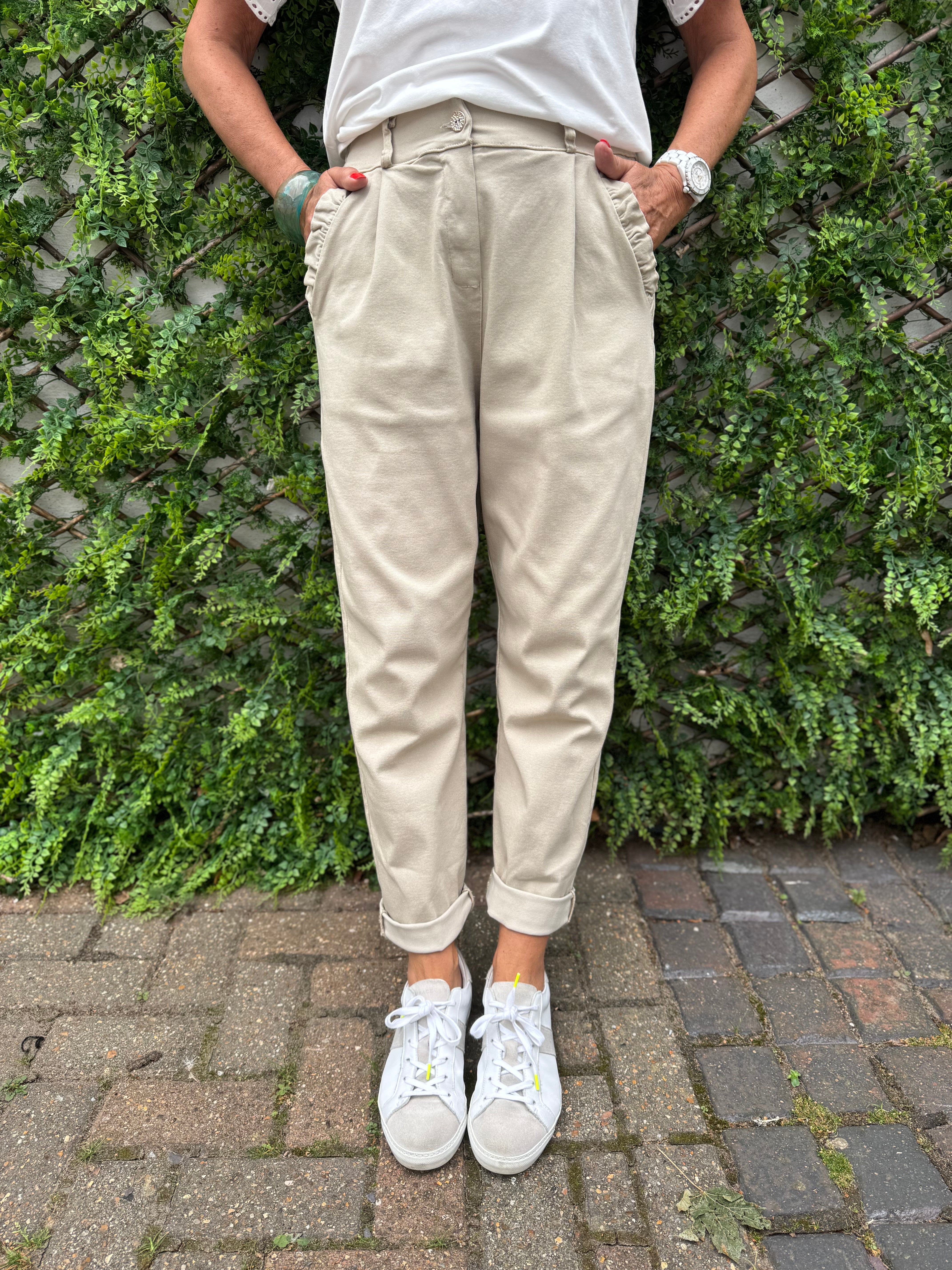 Luxe Stretch Trousers with Ruffle Pocket in Stone