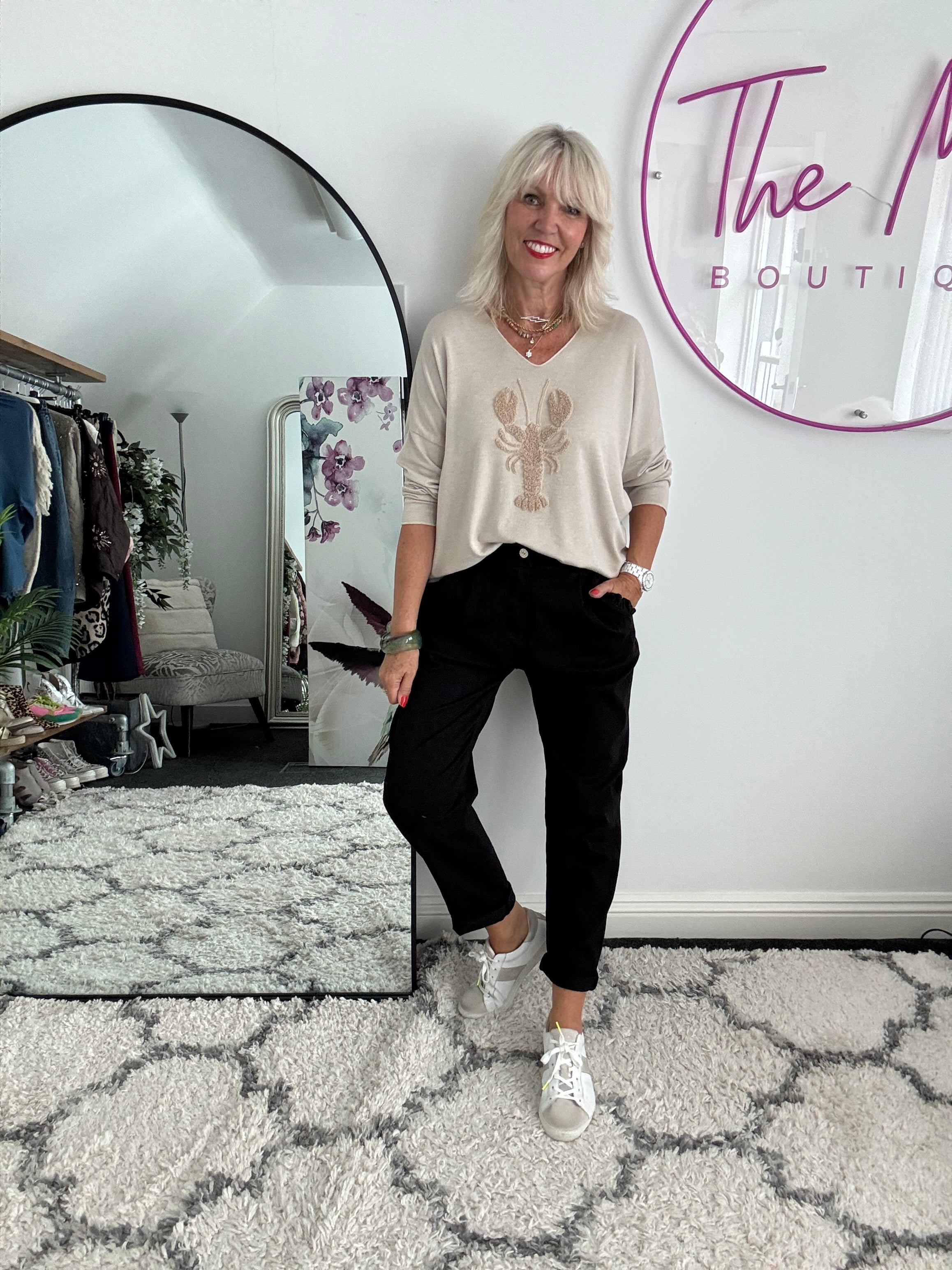 Luxe Stretch Trousers with Ruffle Pocket in Black