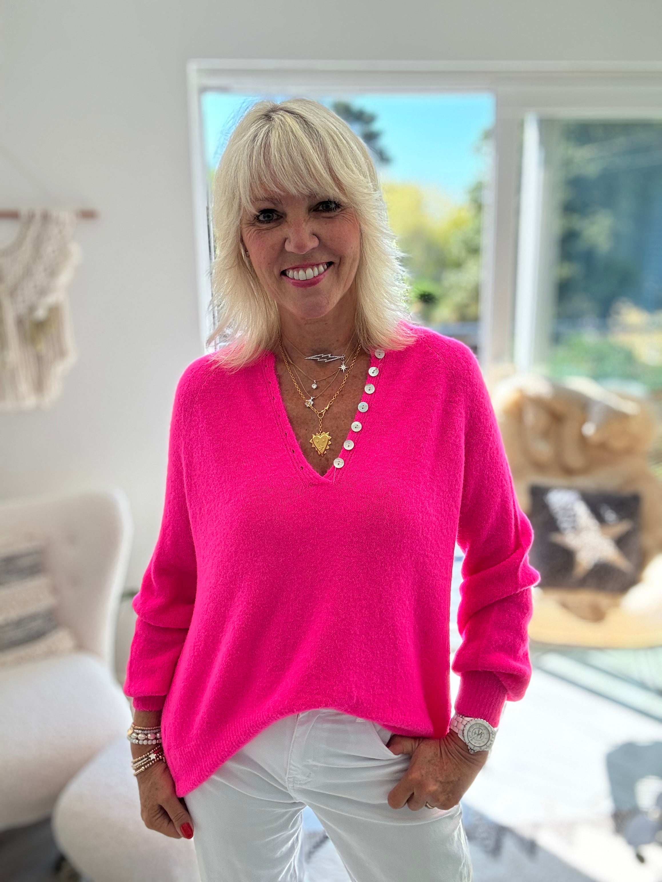 Softie Jumper with Button Neck in Neon Pink