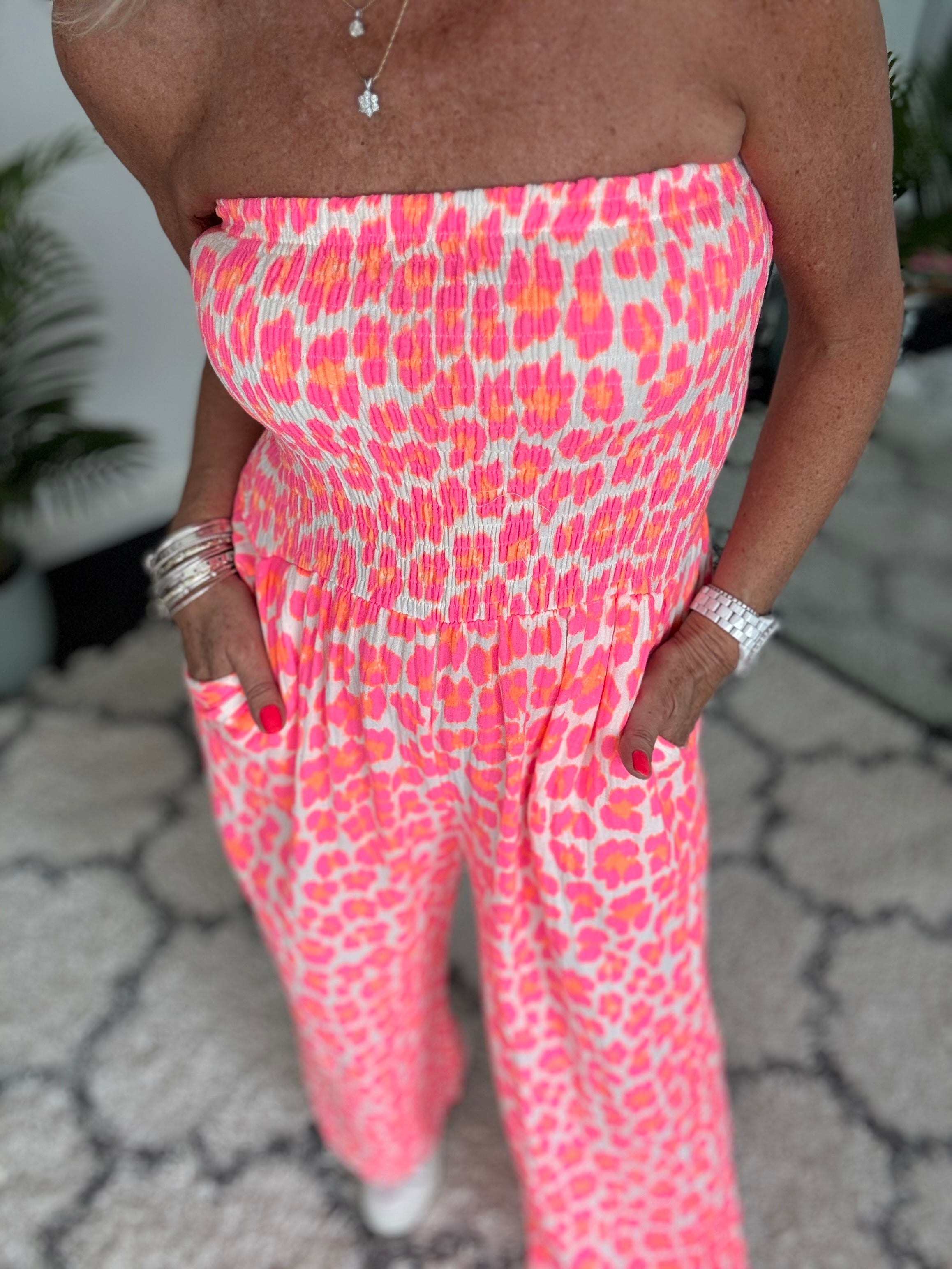 Bandeau Cheesecloth Jumpsuit in Neon Pink & Orange Leopard