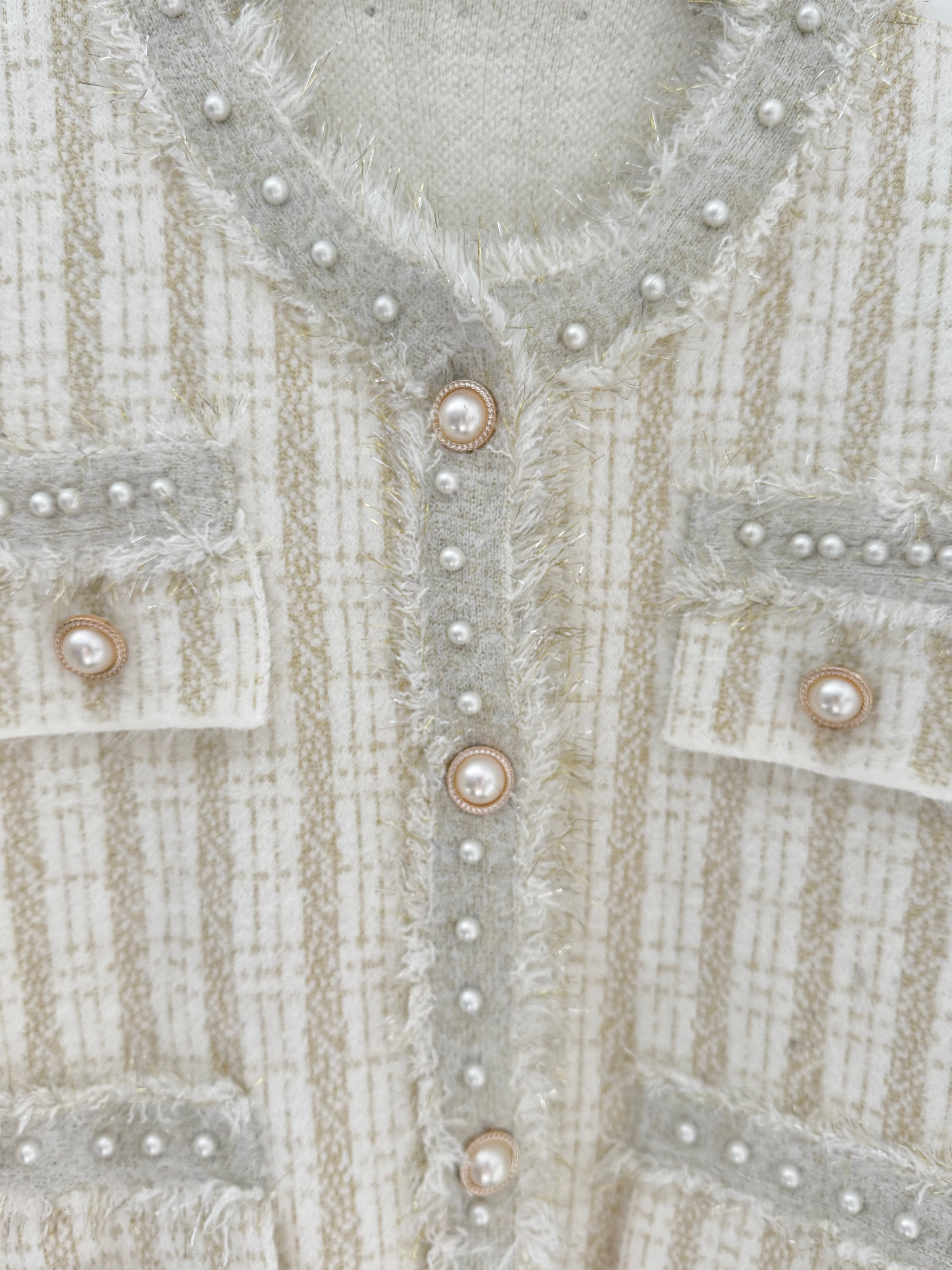 Pearl Button & Tweed Cardi Jacket in Ivory & Gold