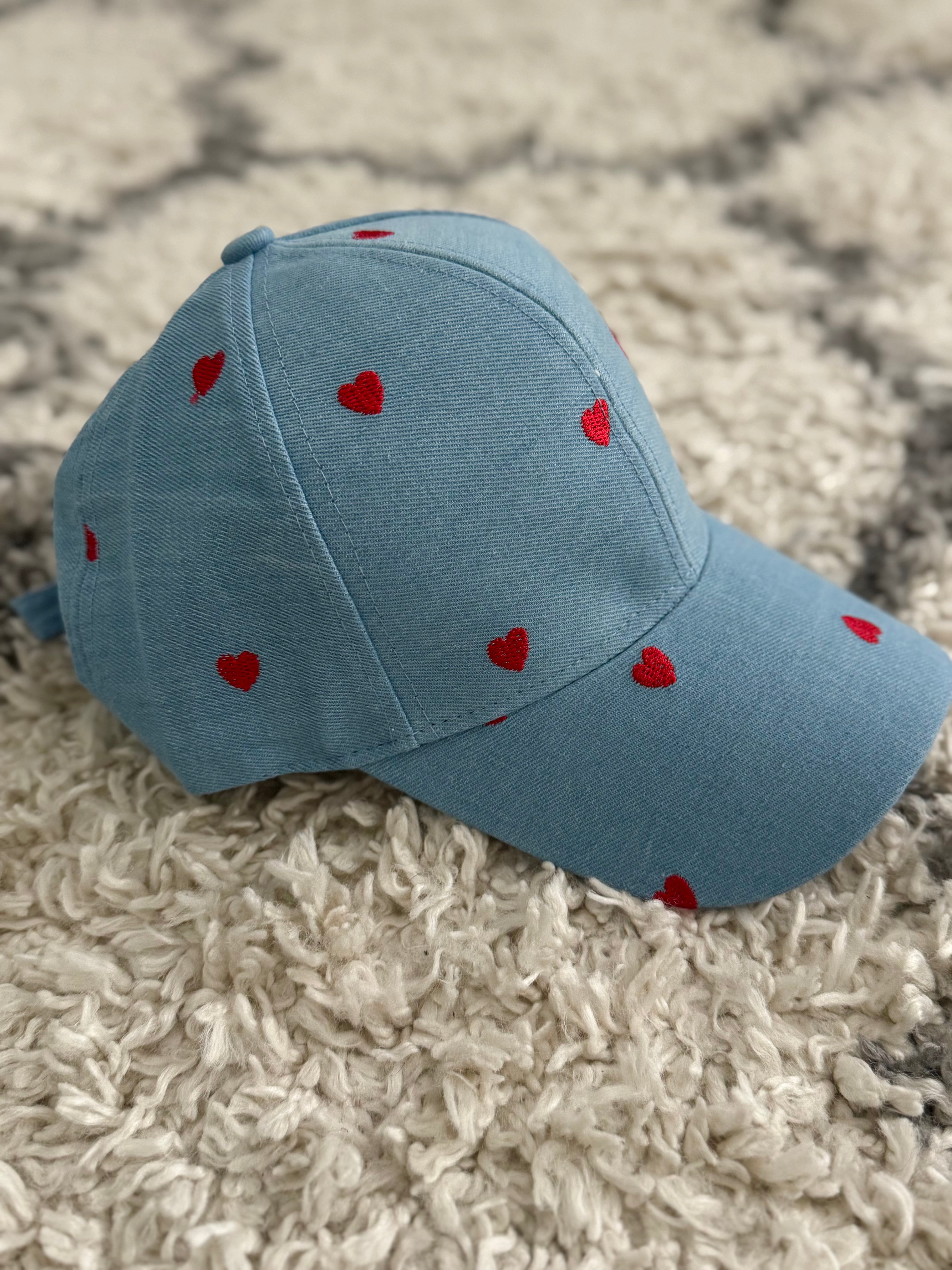 Denim Blue Cap with Red Hearts