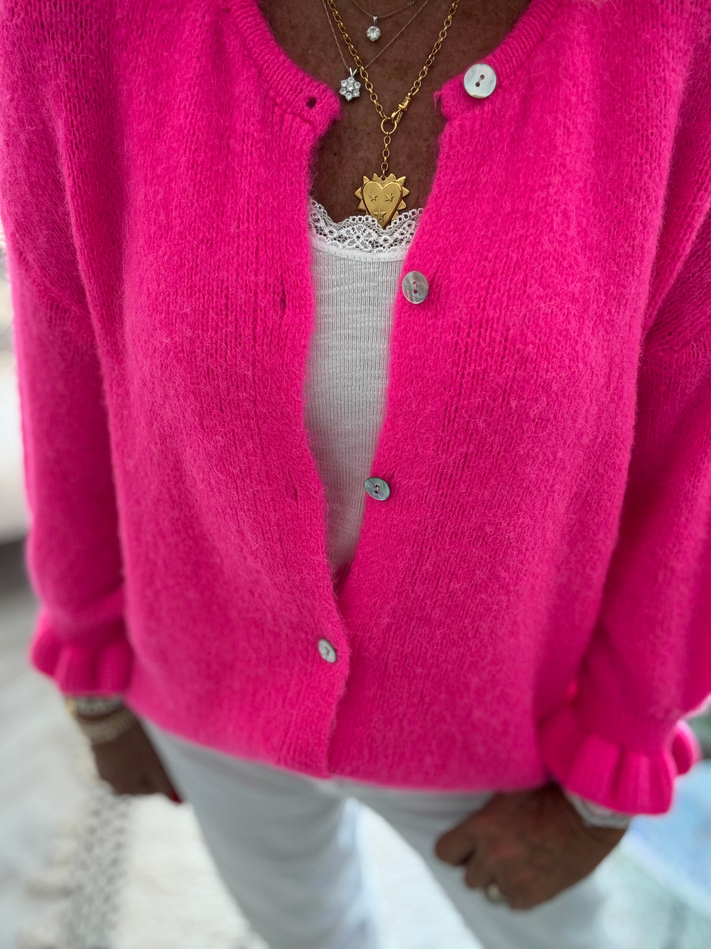Alpaca Cardi with Frill Cuffs in Neon Pink