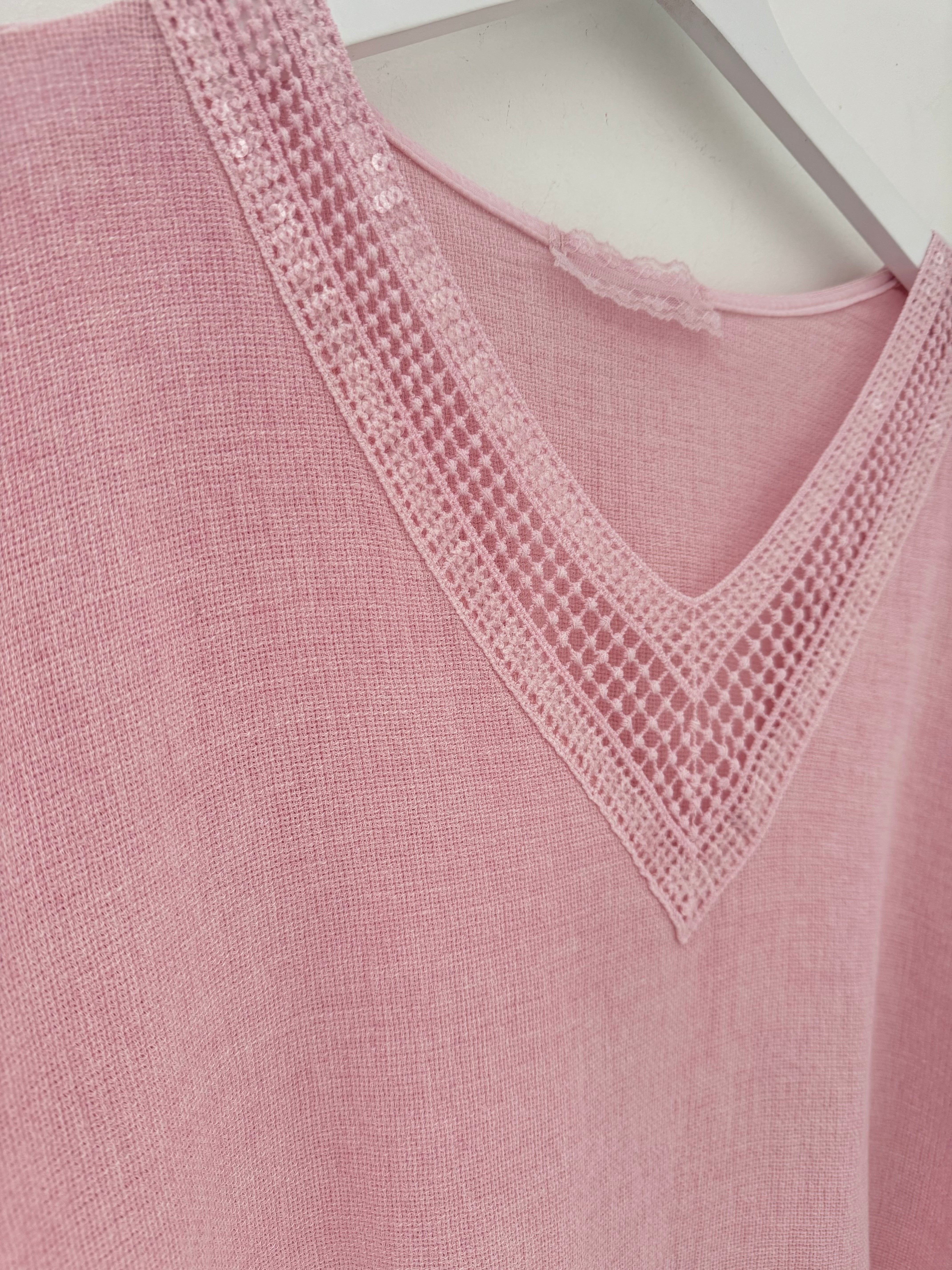 Linen & Cotton Top with Sequin Detail in Pink