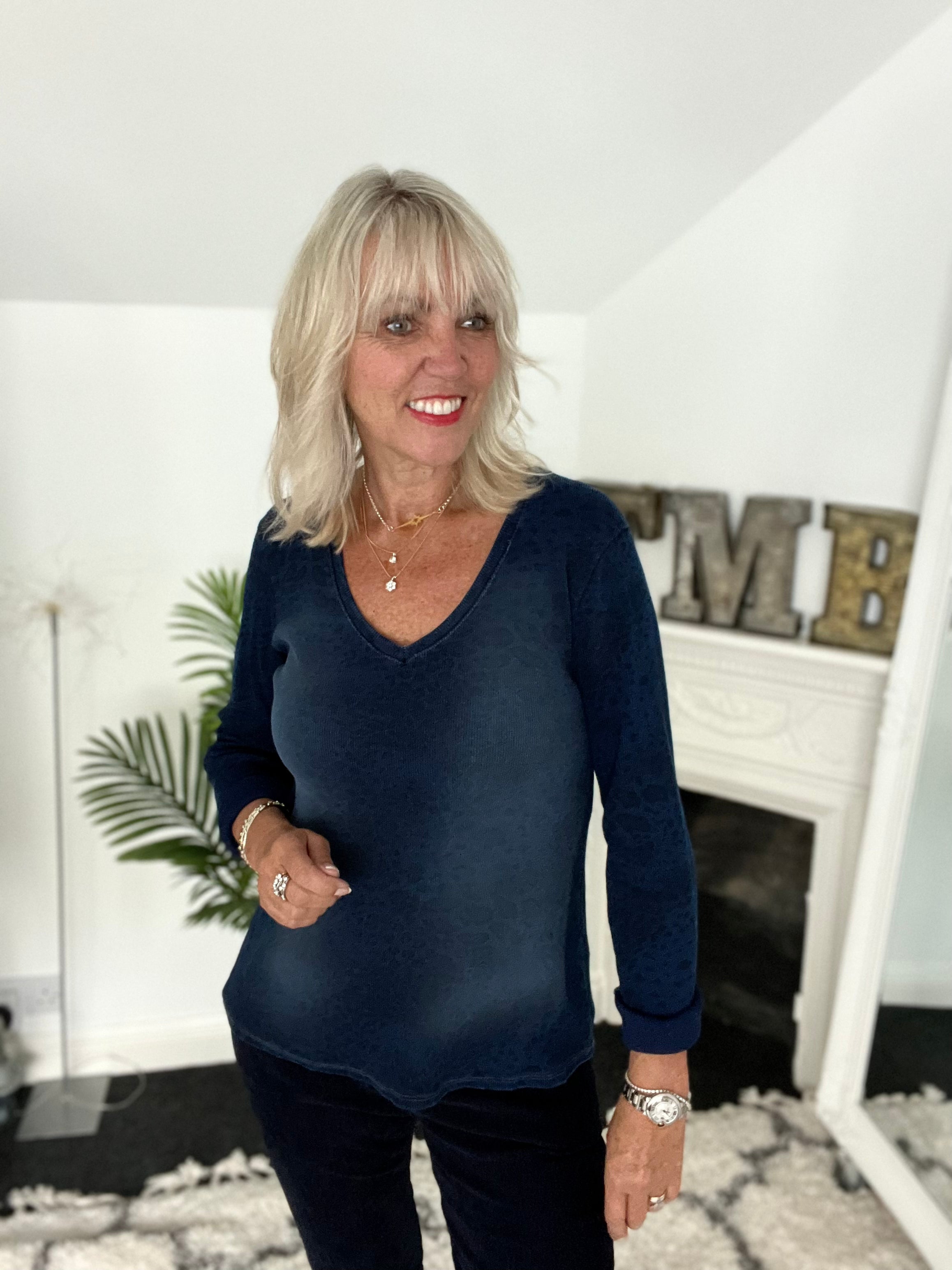 Long Sleeve Top with Leopard Print in Vintage Indigo