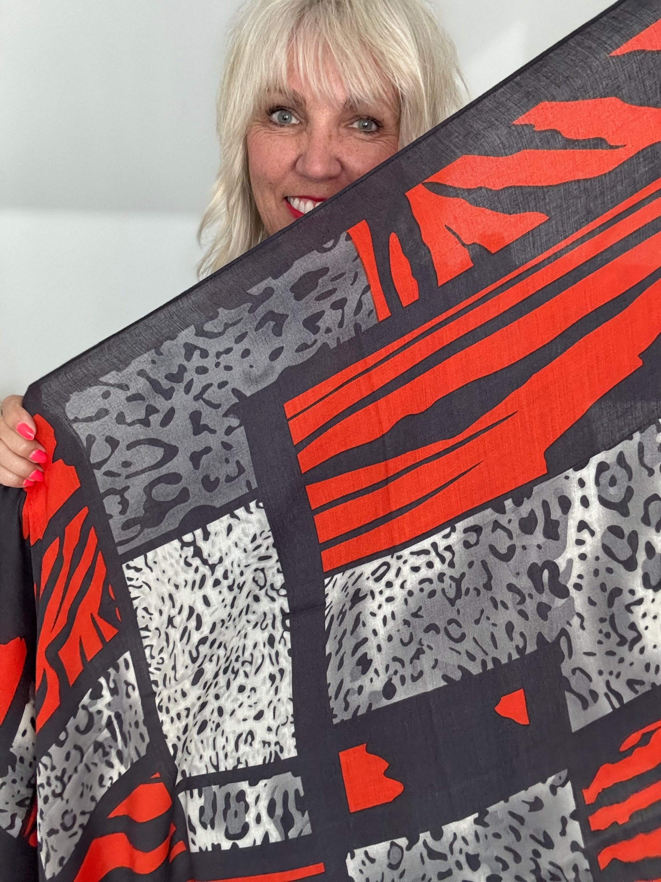 Striking Geo & Animal Print Scarf in Orange & Grey