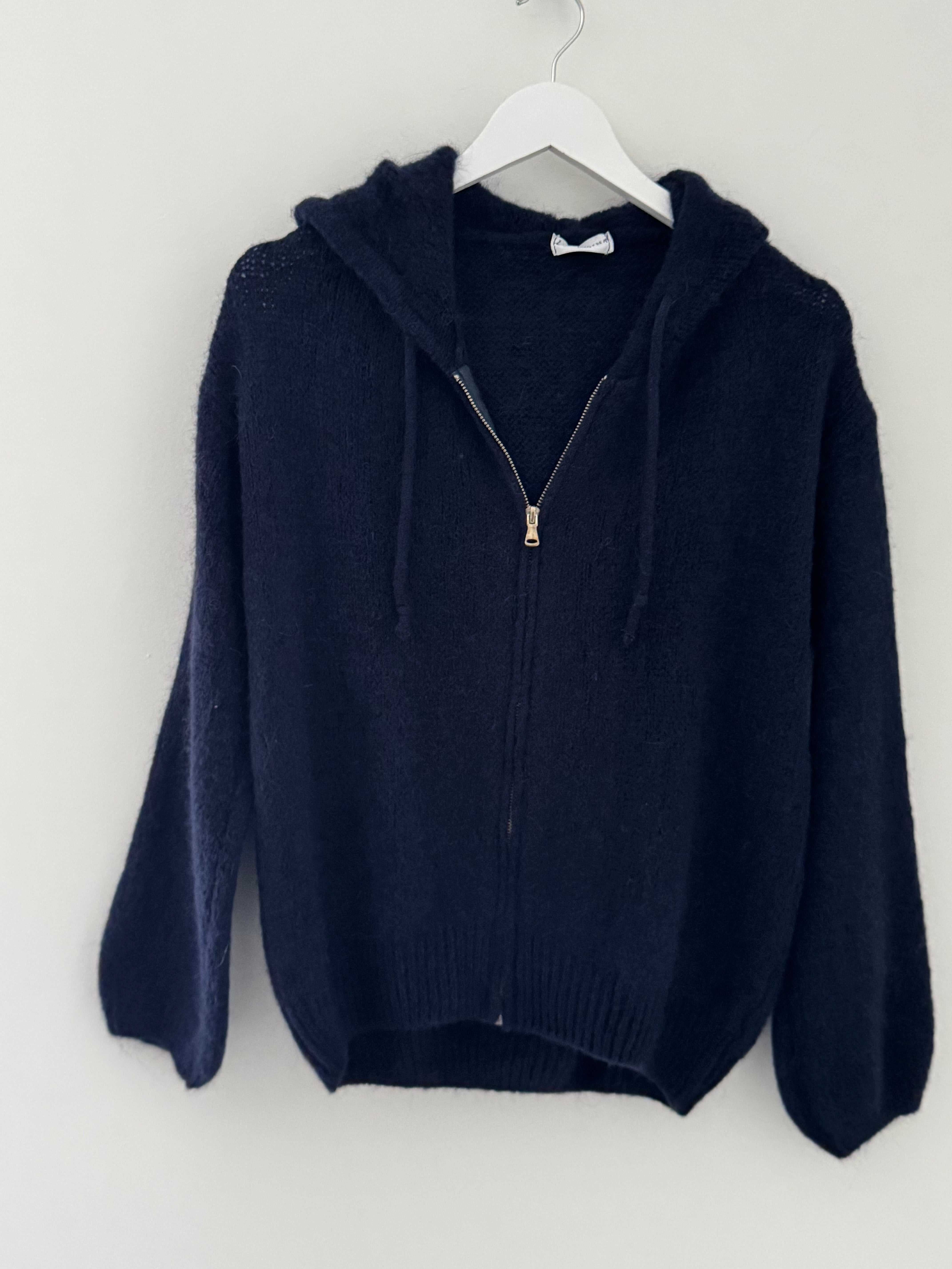 Hooded Zipped Mohair Jumper in Ink Blue