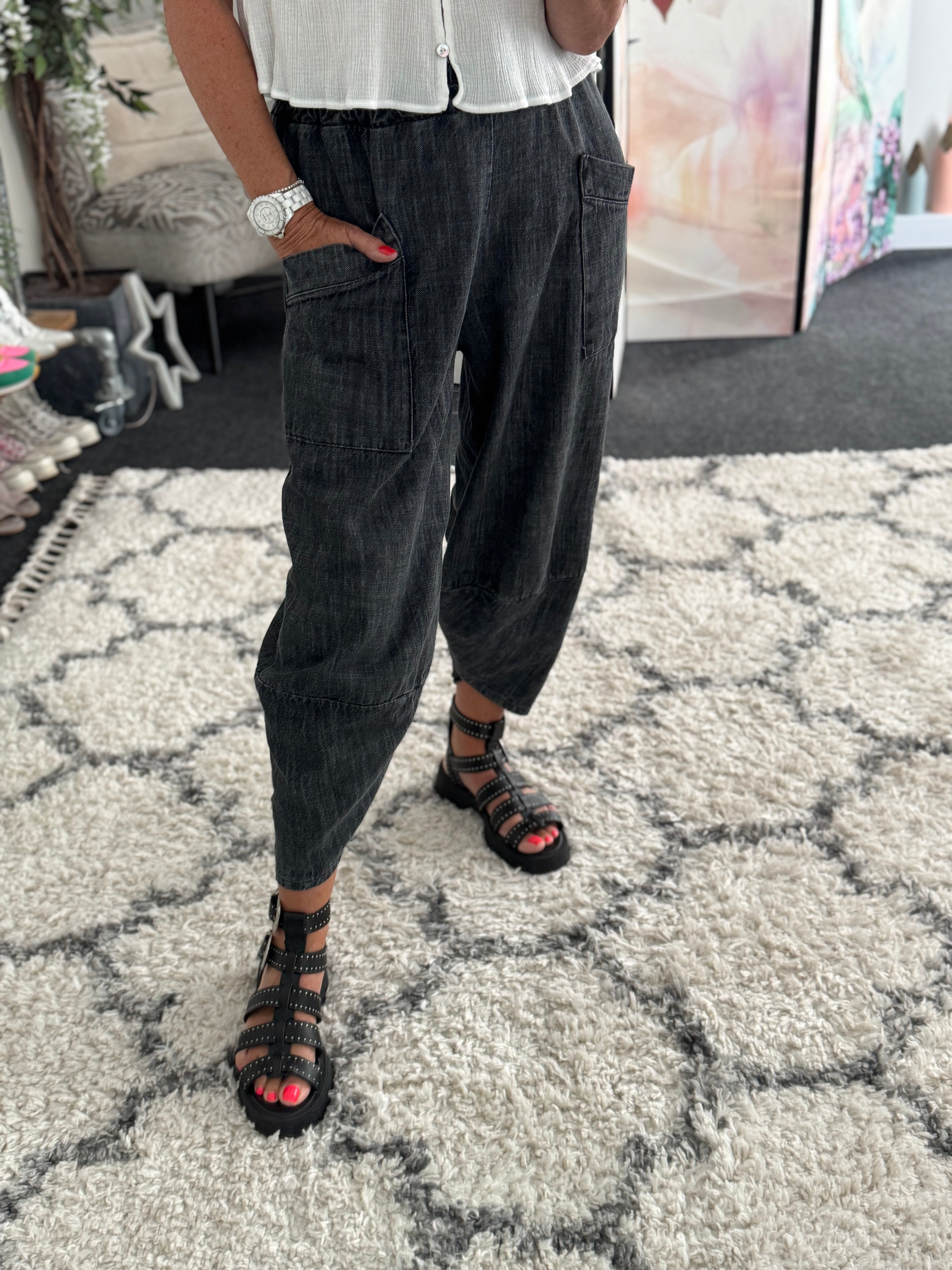 Premium Barrel Leg Trousers in Washed Black Denim