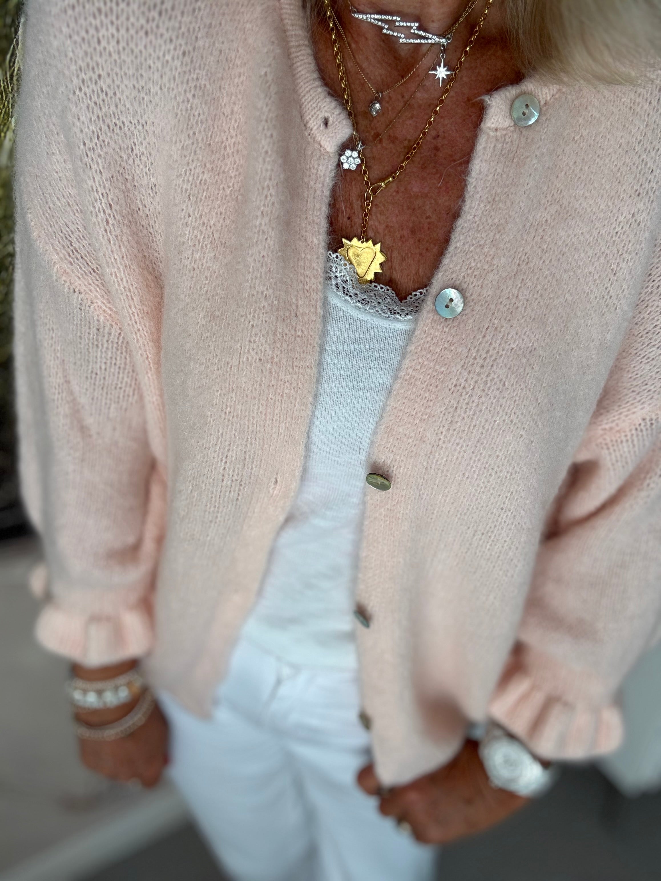 Alpaca Cardi with Frill Cuffs in Shell Pink