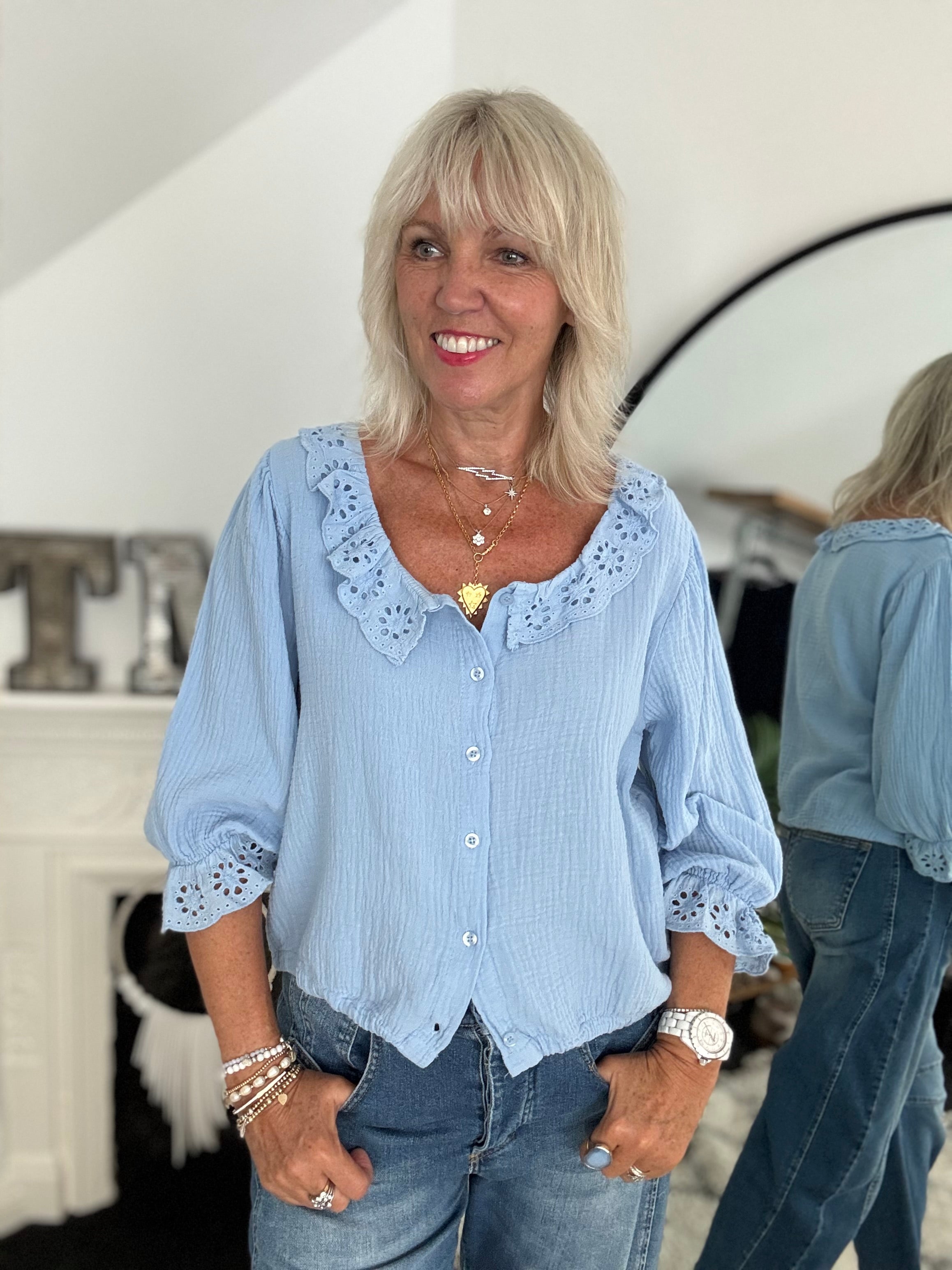 Cheesecloth Blouse with Broderie Collar in Blue