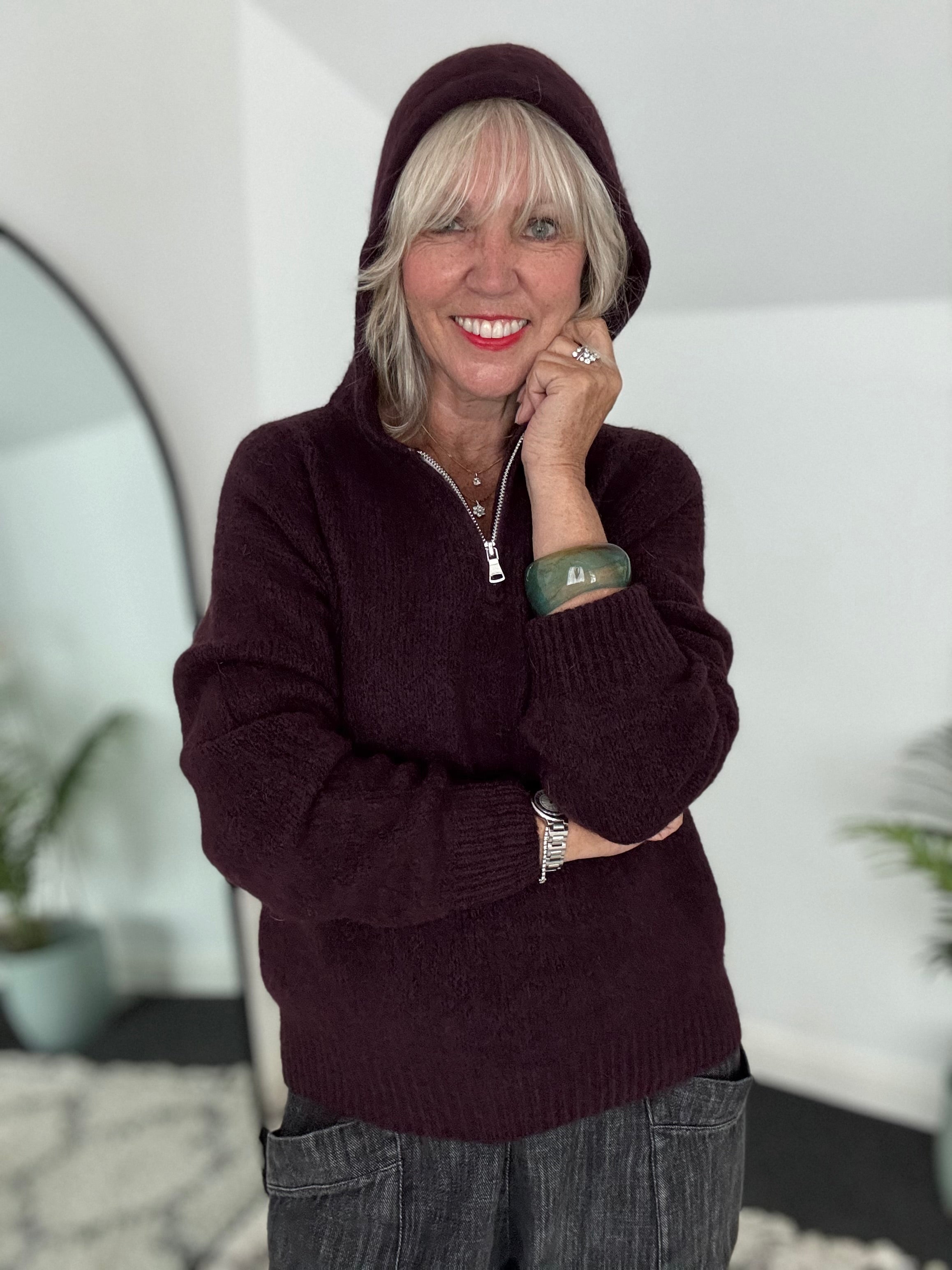 Hooded Mohair Jumper in Deep Plum