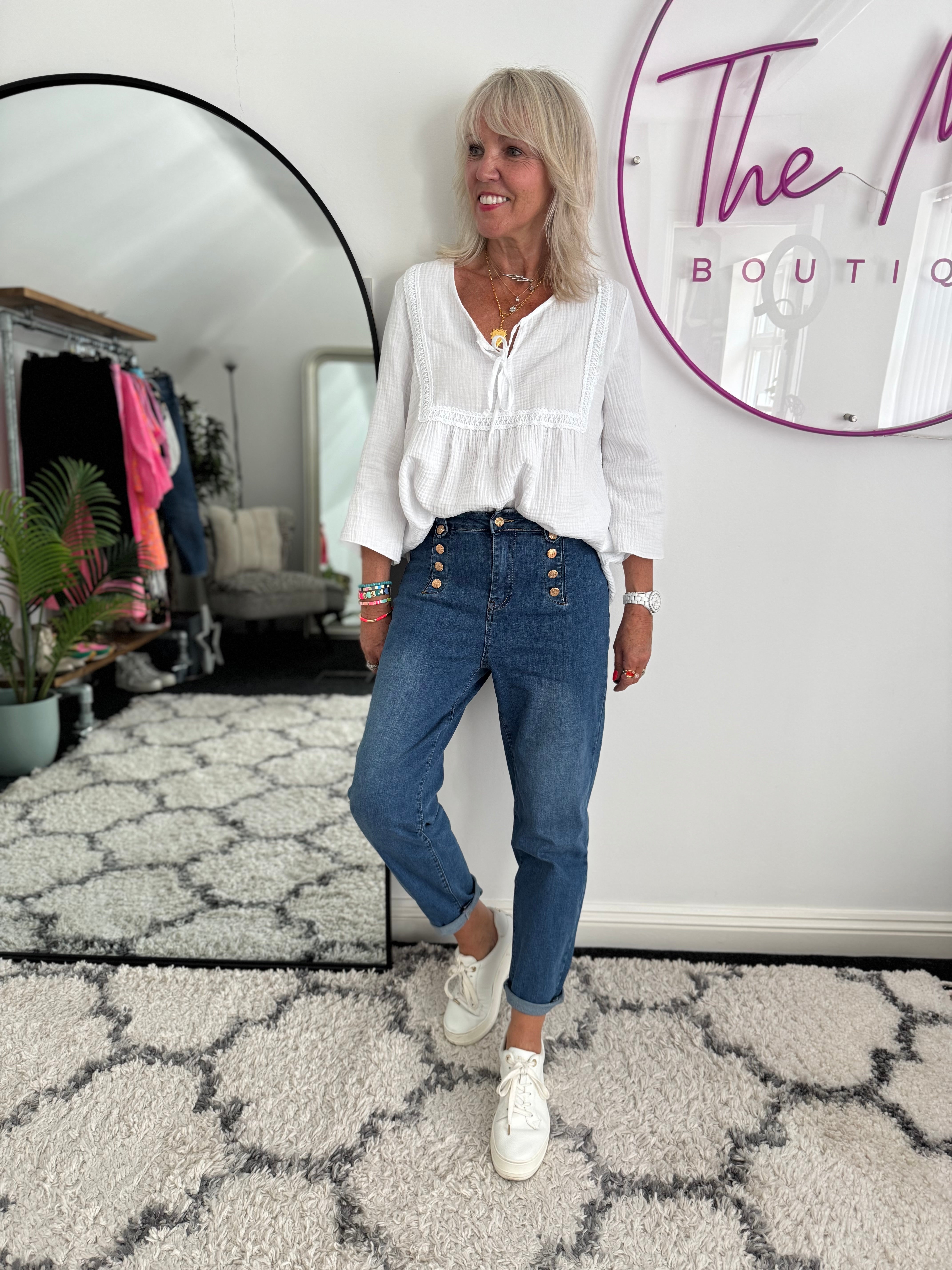 Slim Boyfriend Jeans with Gold Buttons