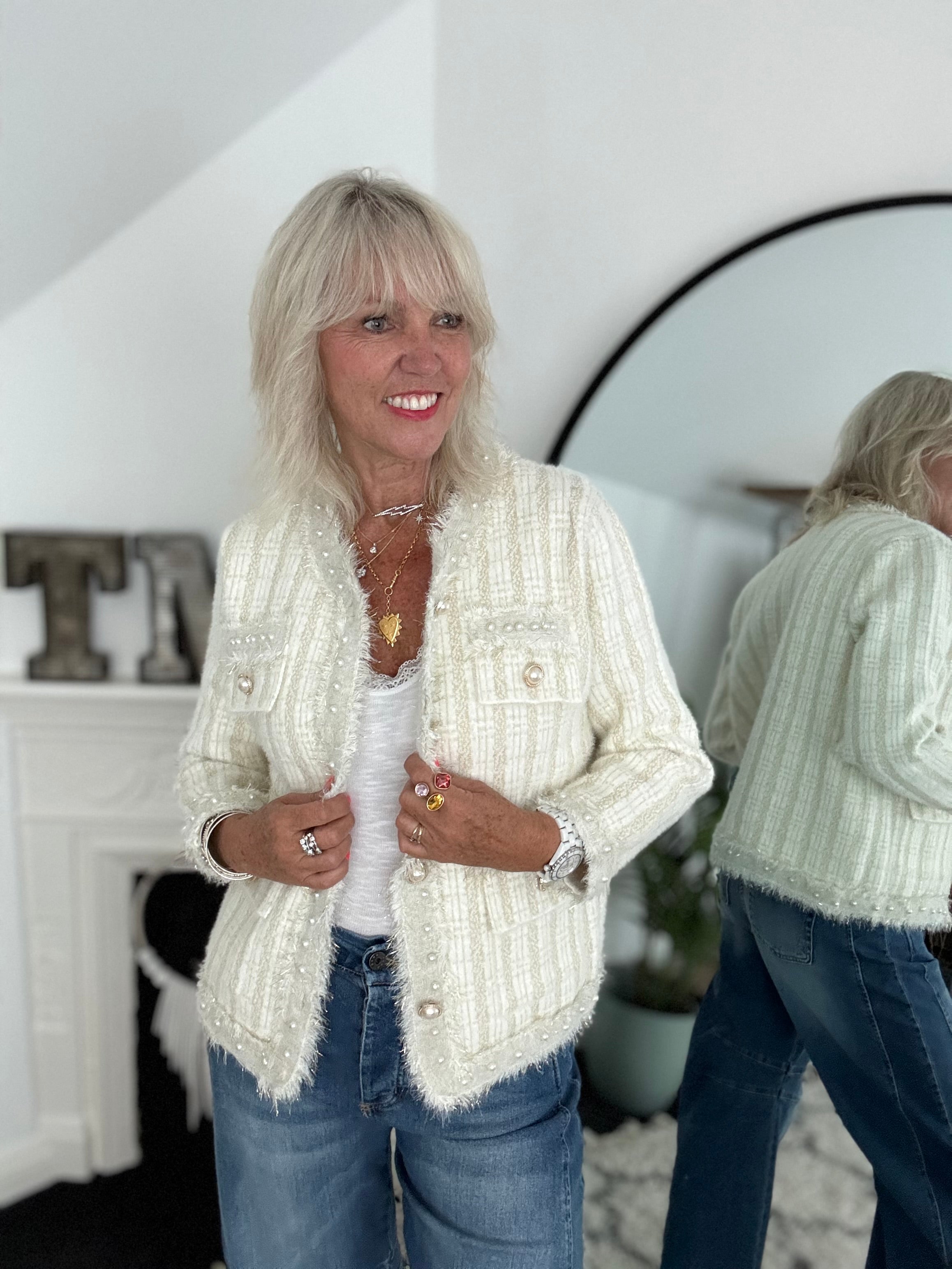 Pearl Button & Tweed Cardi Jacket in Ivory & Gold