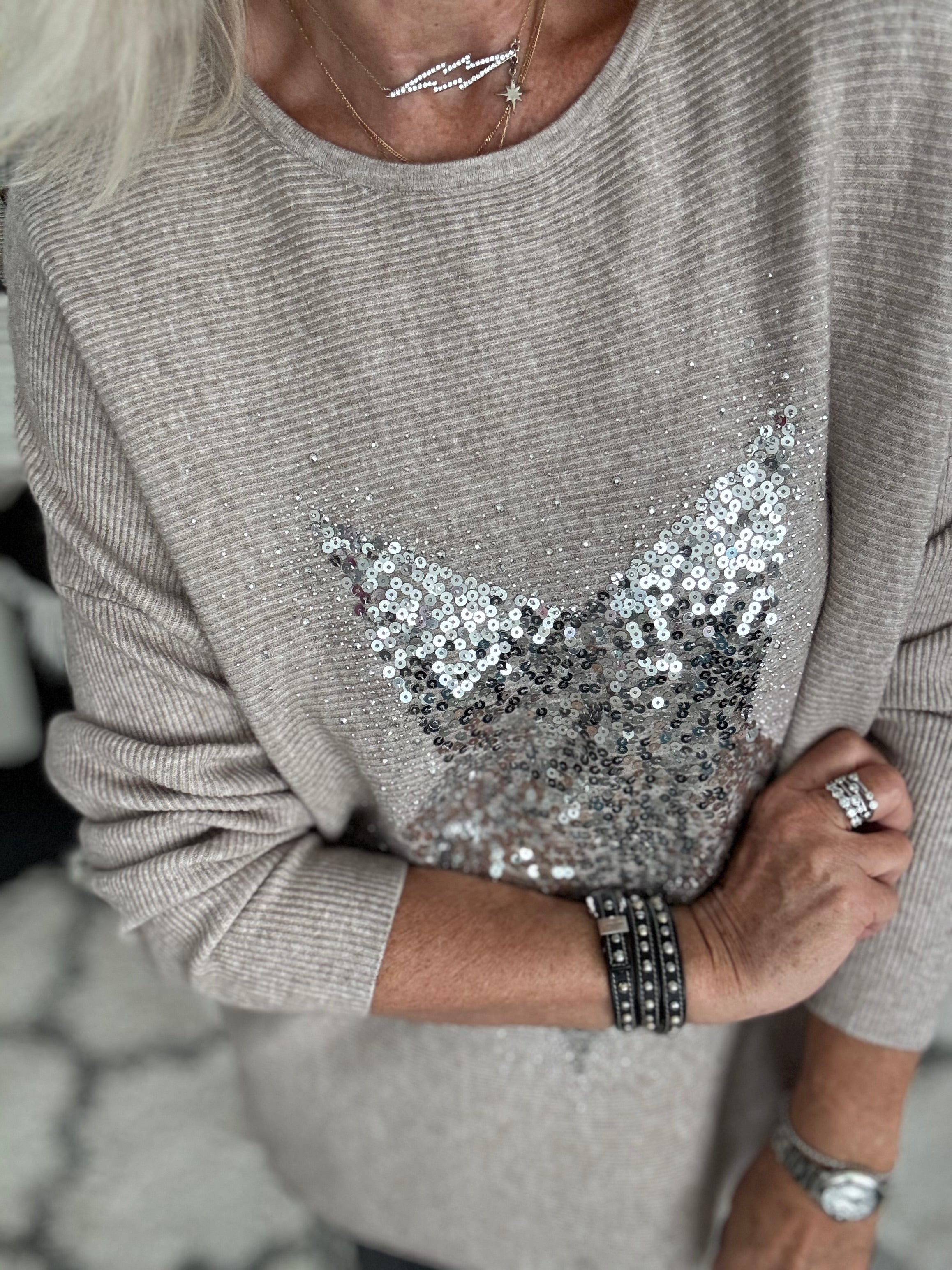 Ribbed Sequin Star Jumper in Stone