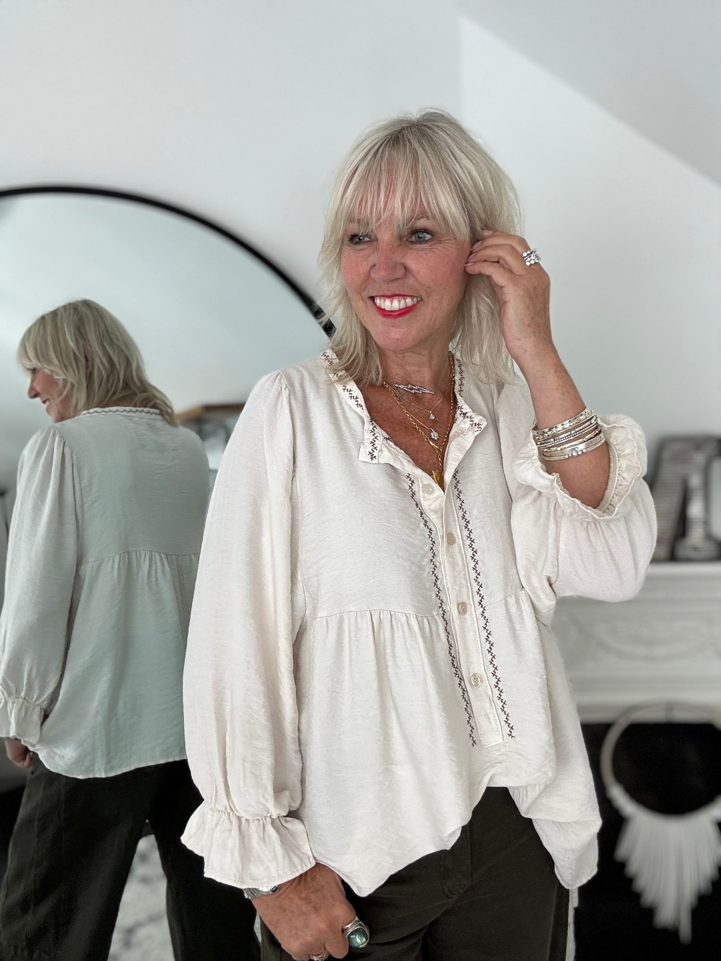 Luxe Blouse with Embroidery in Ecru