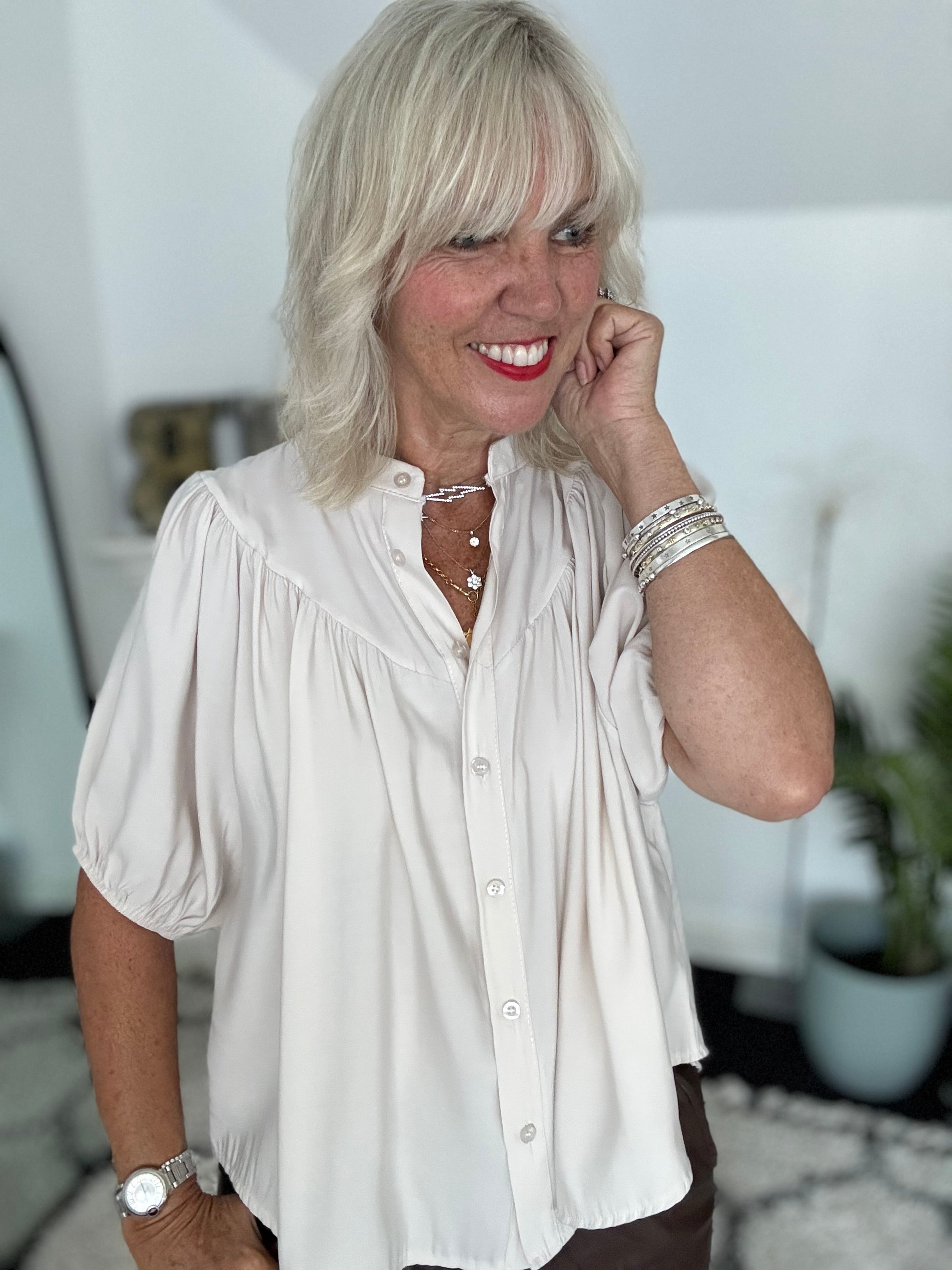 Luxe Gathered Yoke Blouse in Ecru