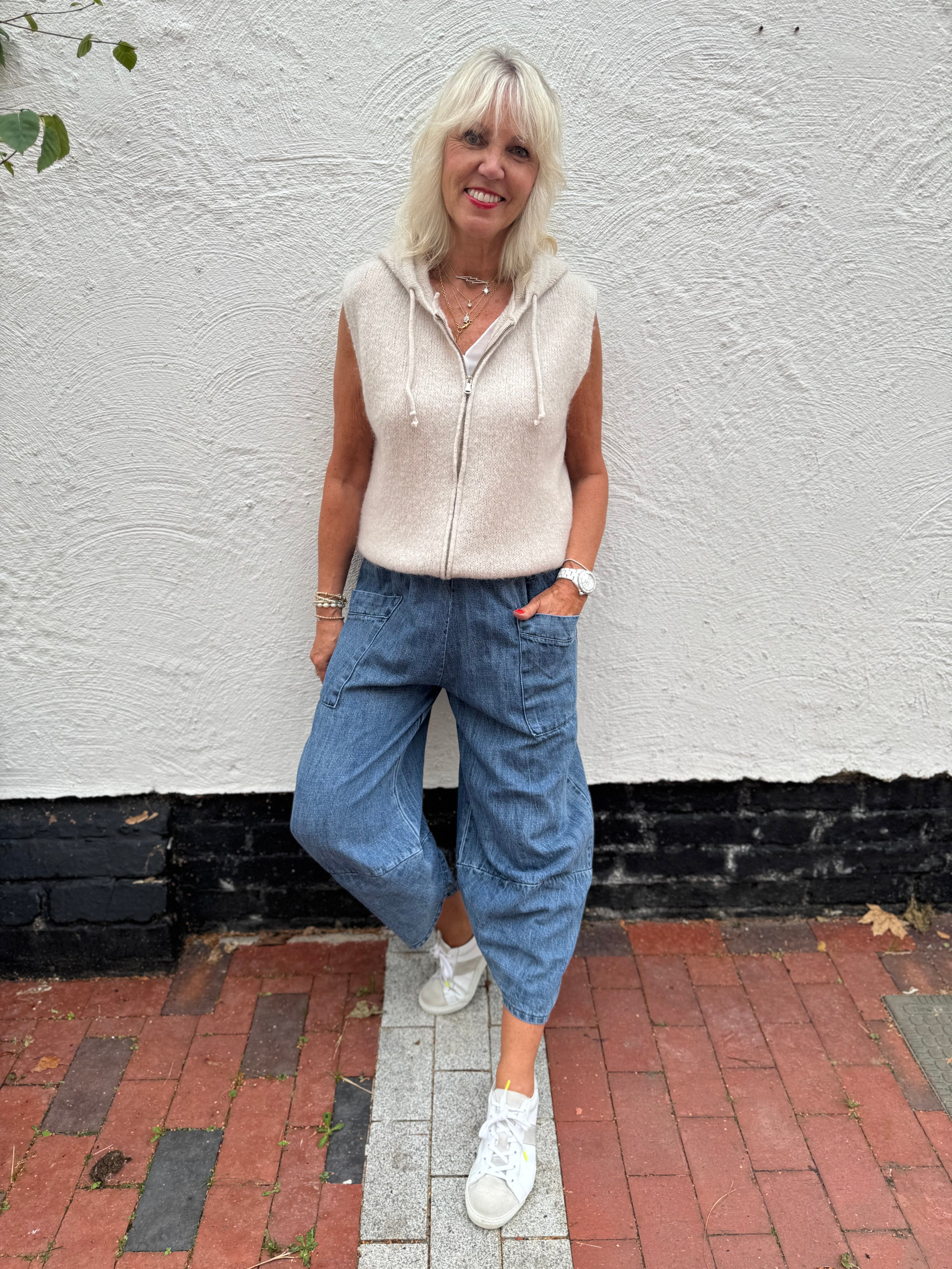 Premium Barrel Leg Trousers in Blue Denim