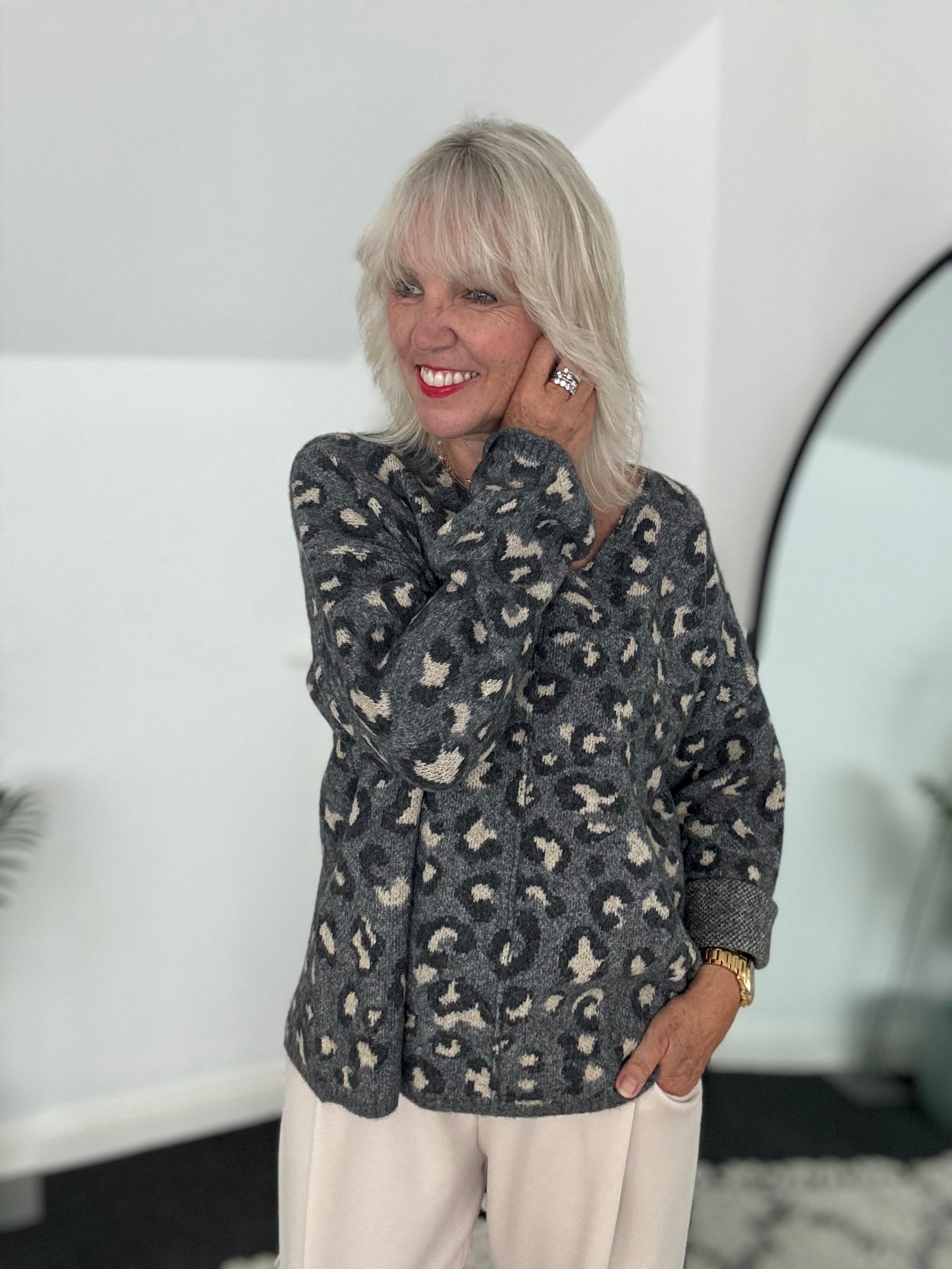 Seam Front V Neck Jumper in Grey Leopard