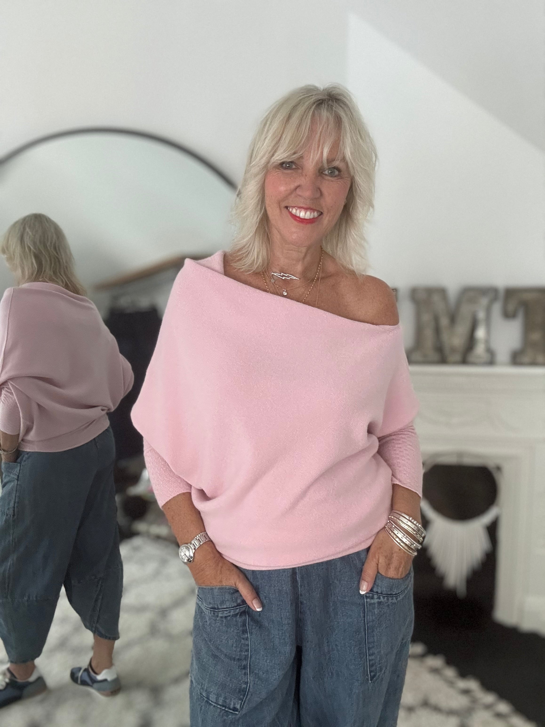 Cowl Neck Asymmetric Jumper in Baby Pink