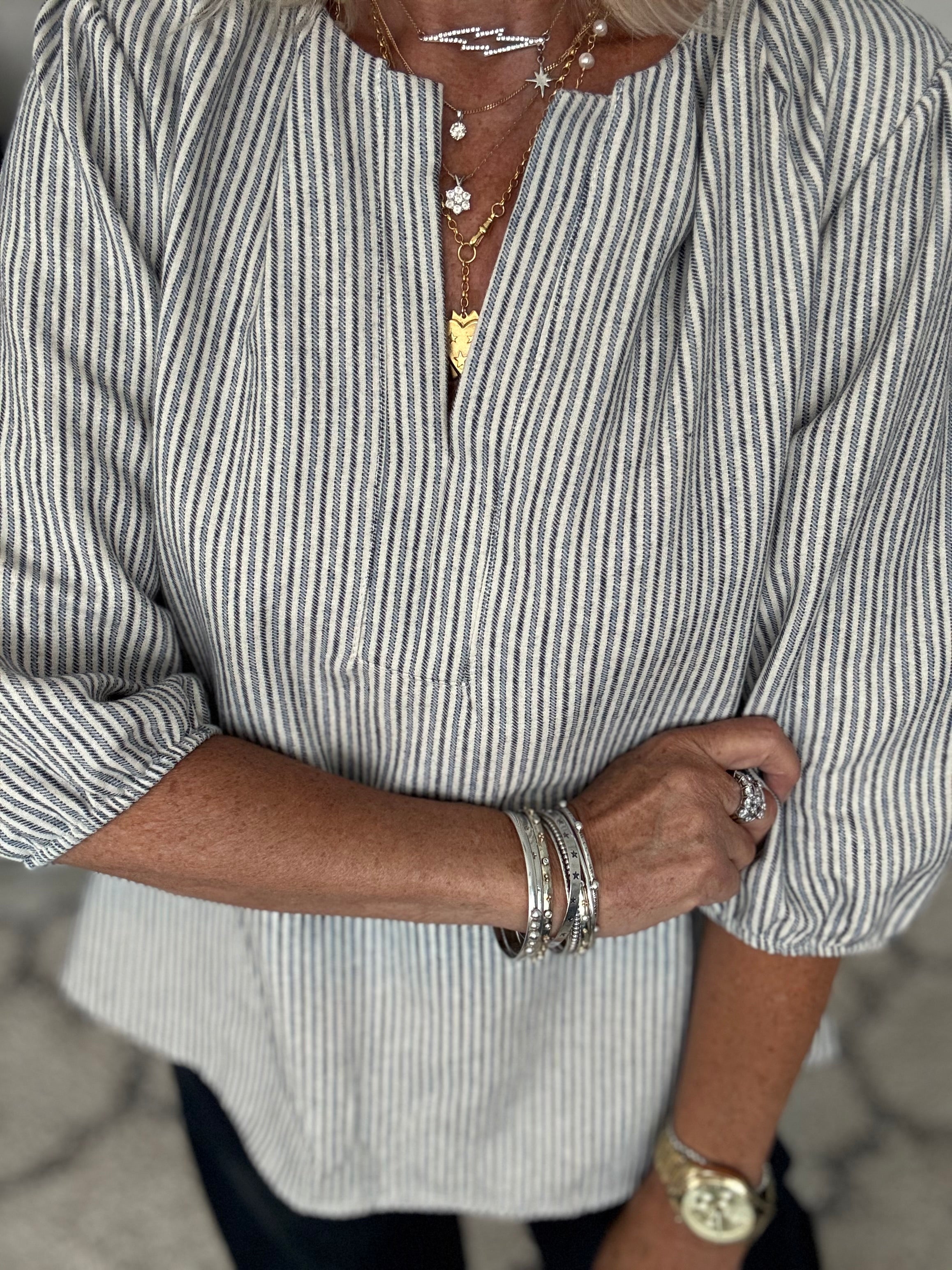 Brushed Cotton Stripe Blouse in Blue