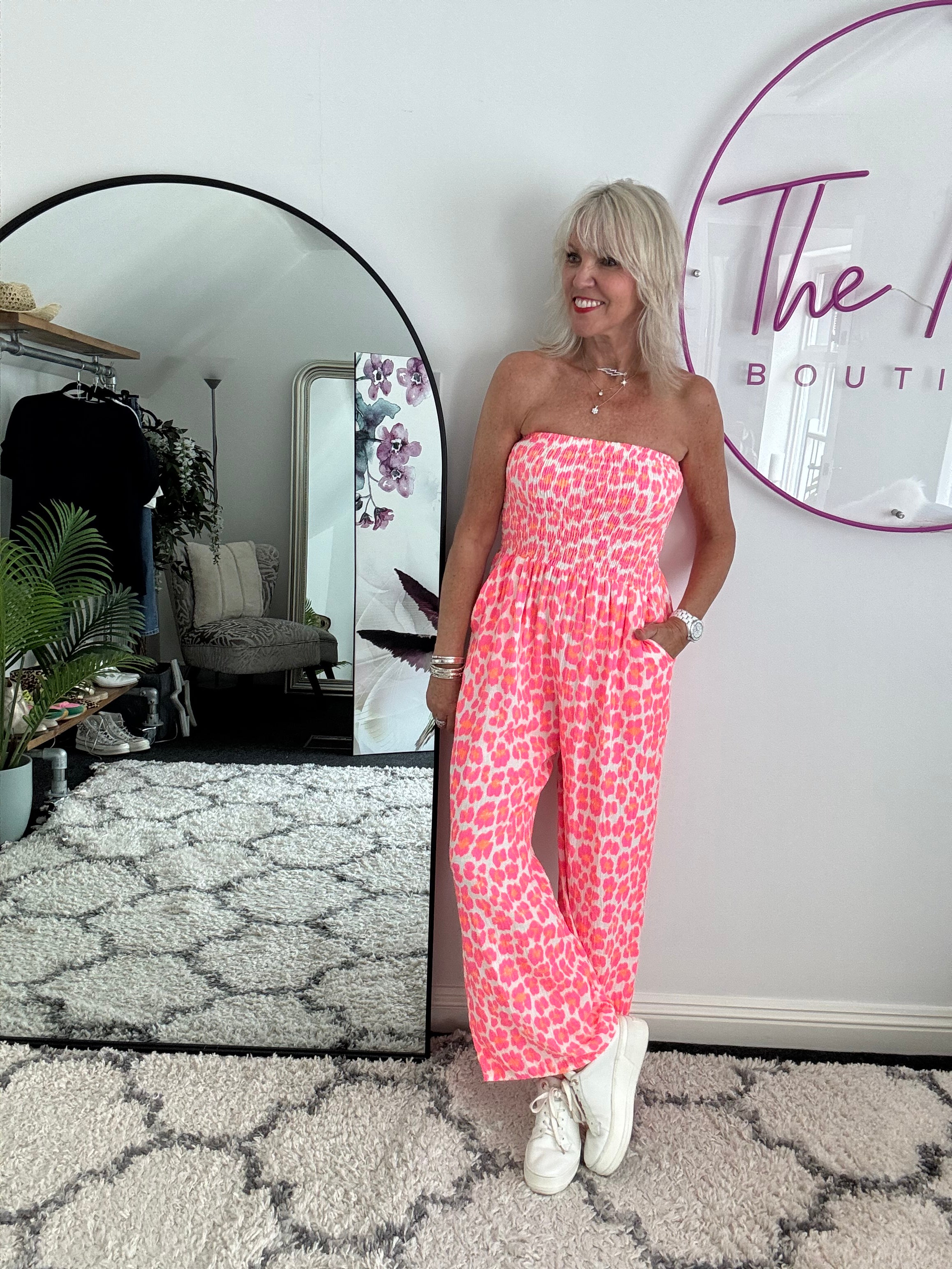 Bandeau Cheesecloth Jumpsuit in Neon Pink & Orange Leopard