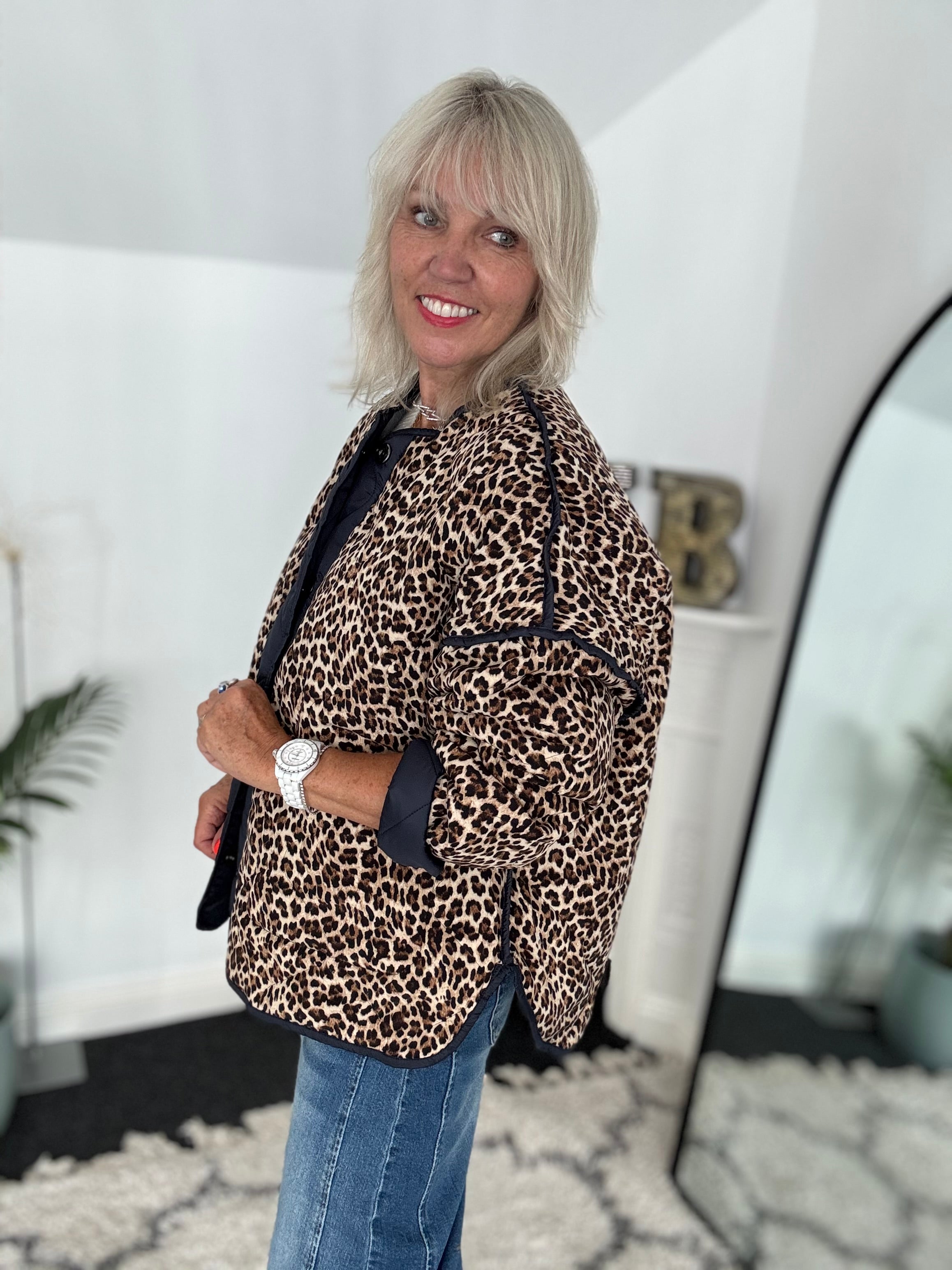 Reversible Quilted Jacket in Navy & Leopard