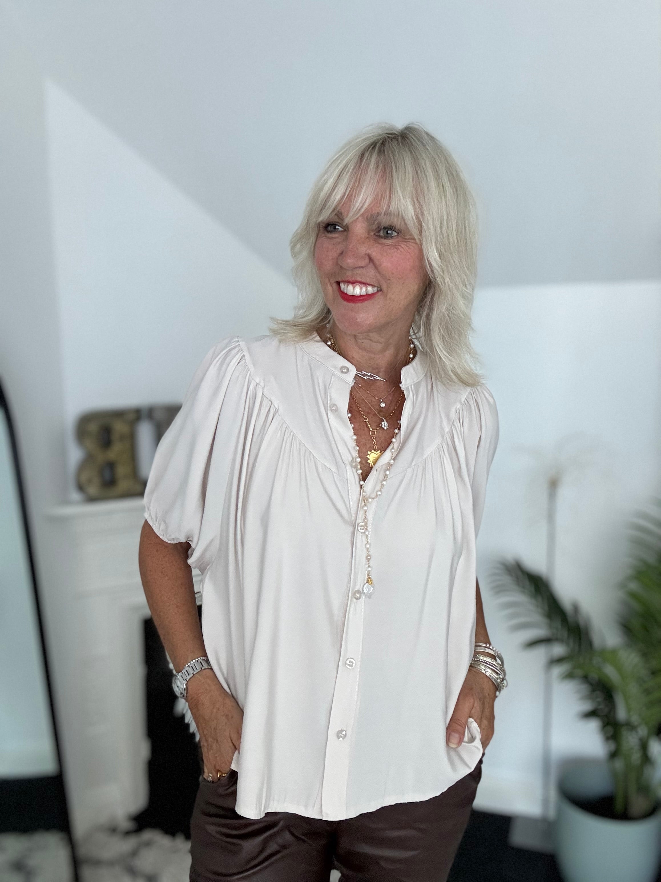 Luxe Gathered Yoke Blouse in Ecru