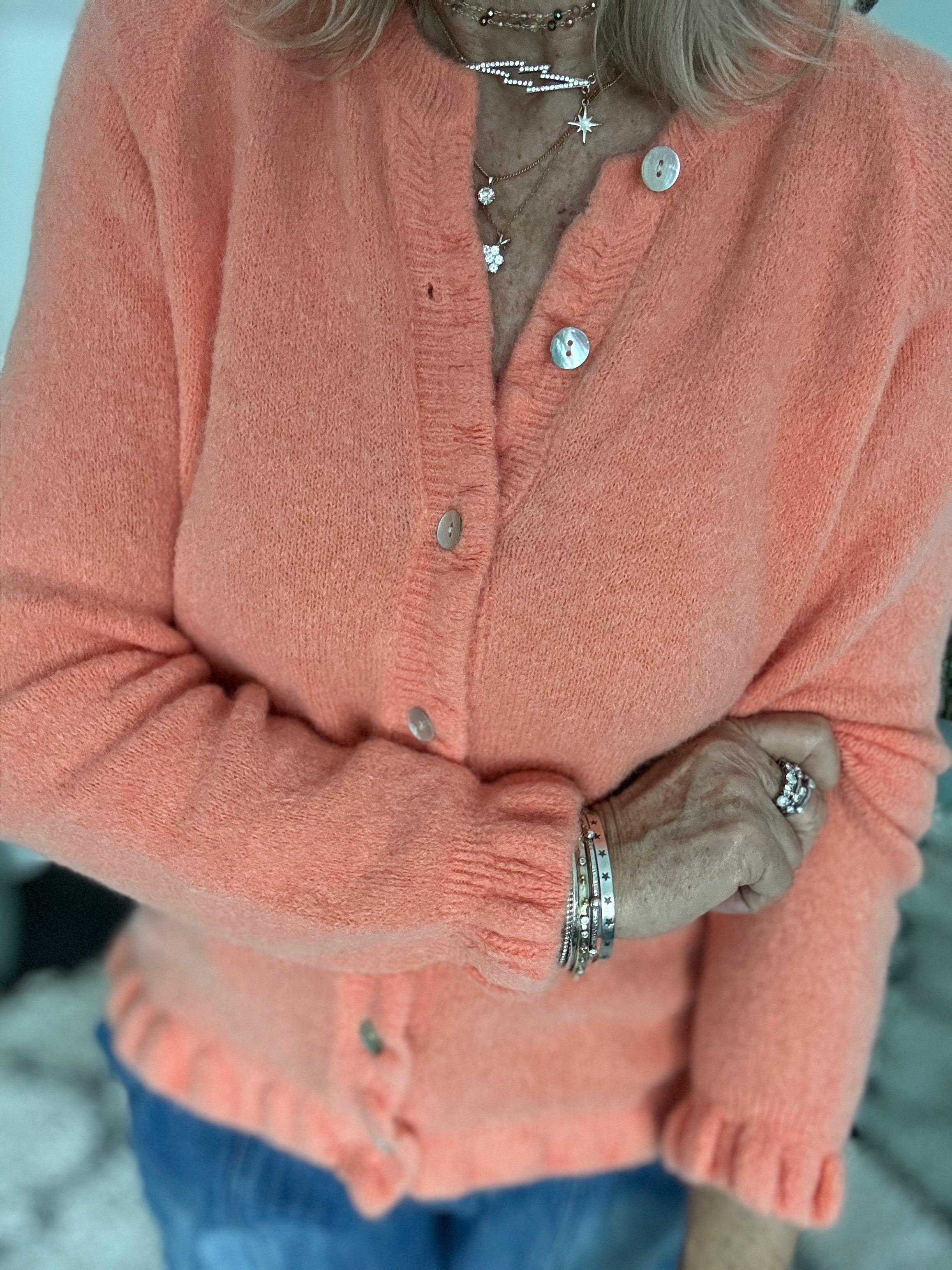 Alpaca Cardi with Frill Hems in Soft Tangerine