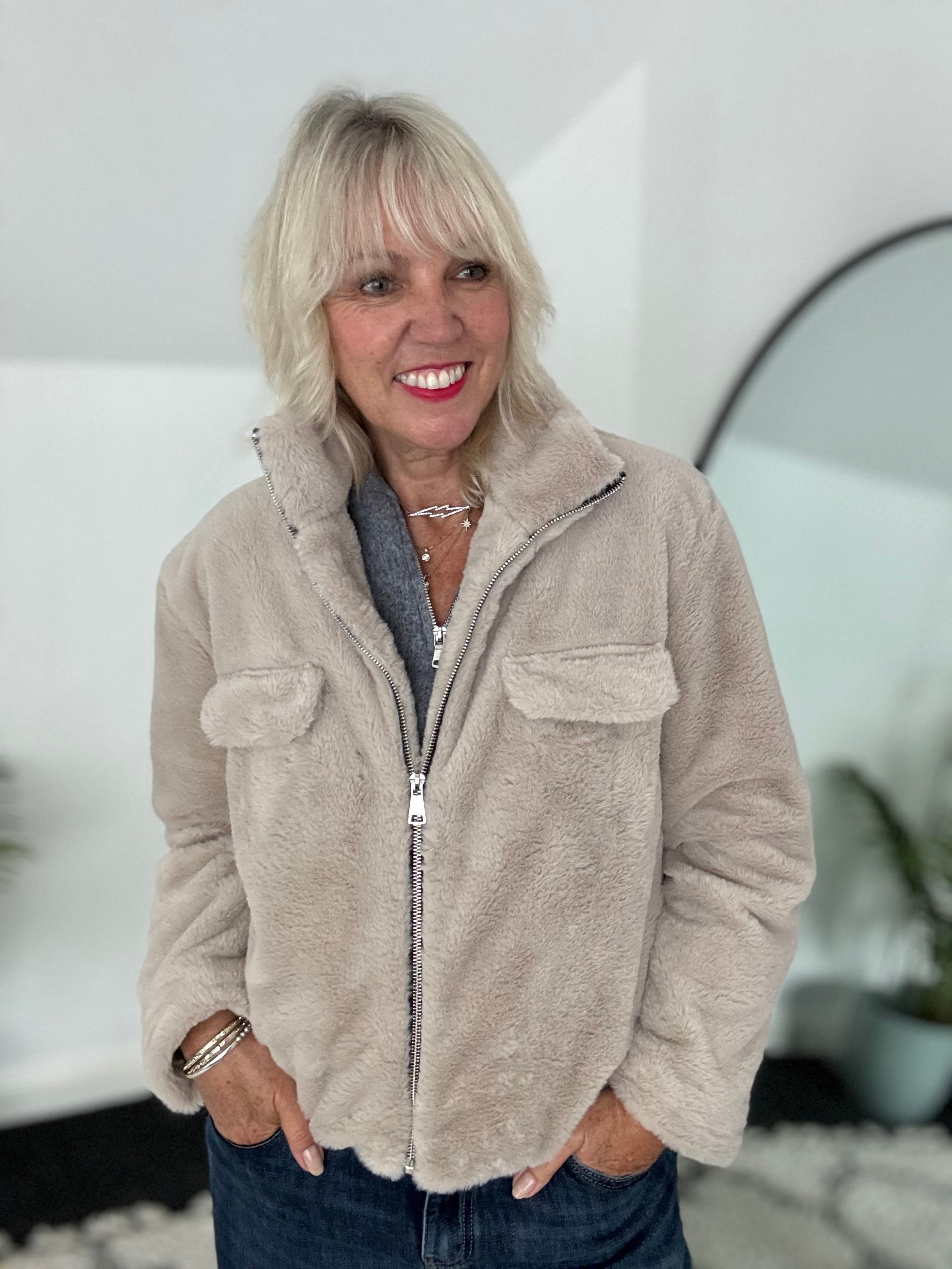 Faux Fur Jacket in Stone