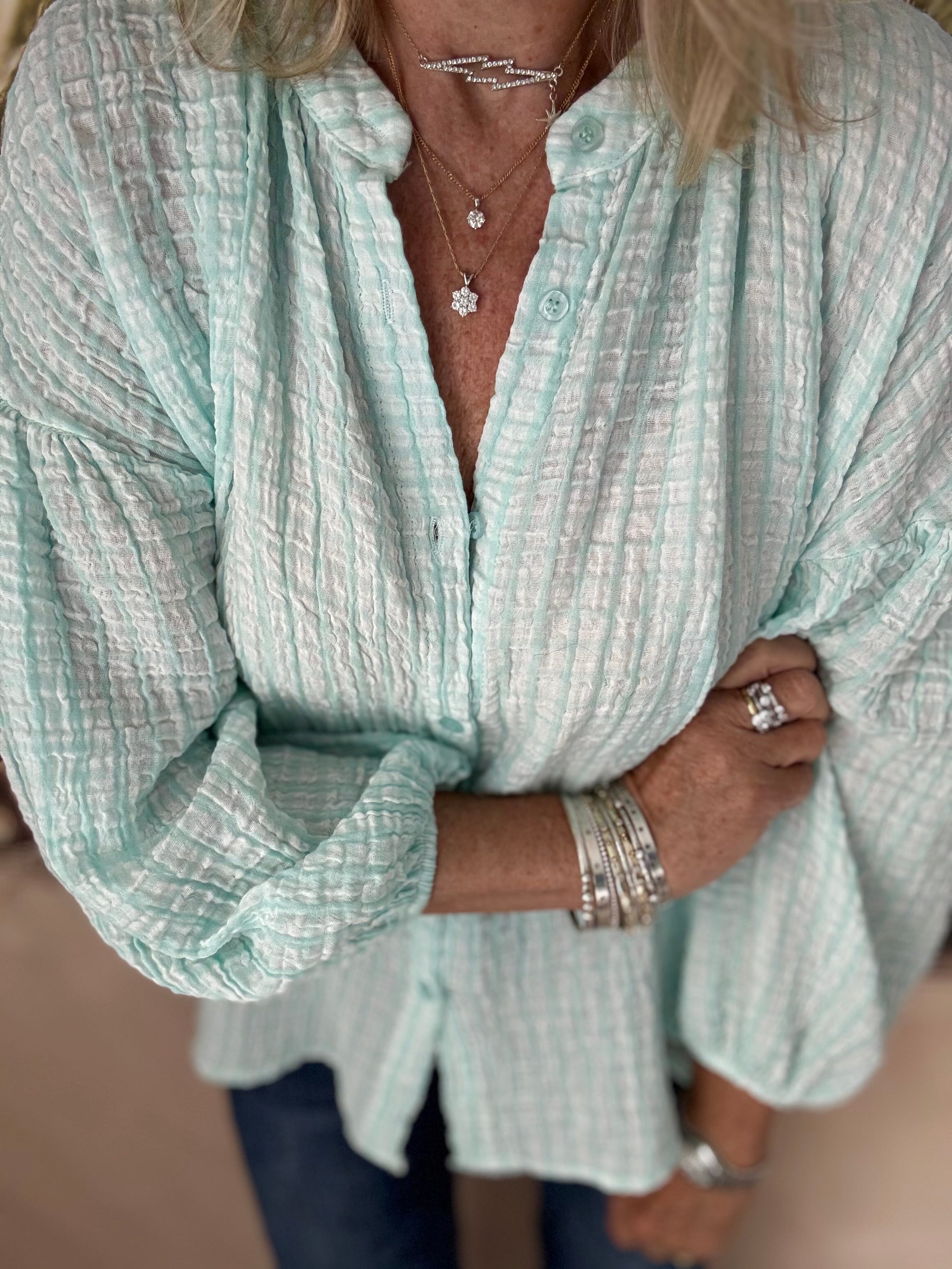 Gingham Seersucker Blouse in Aqua