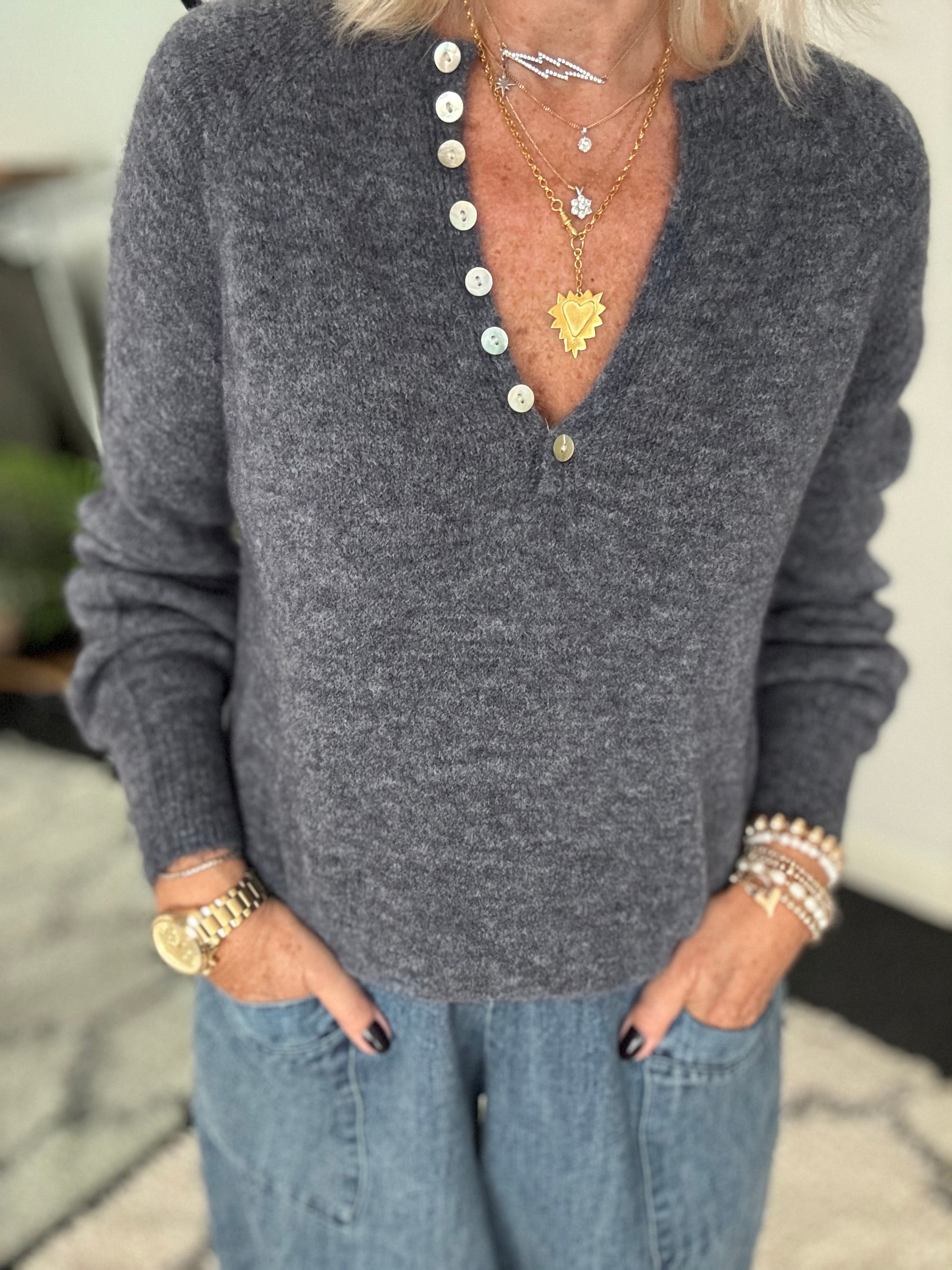 Softie Jumper with Button Neck in Charcoal