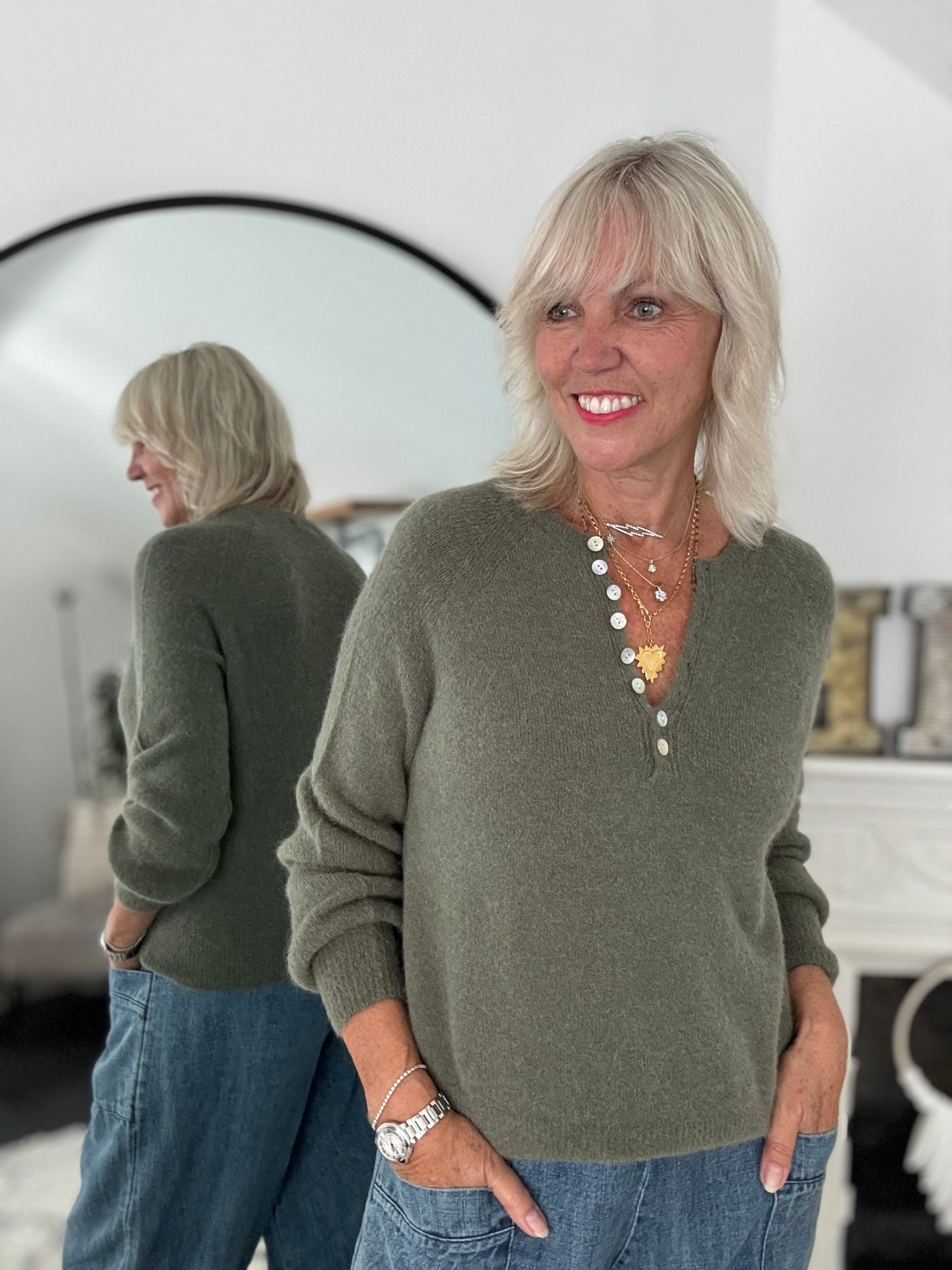 Softie Jumper with Button Neck in Khaki