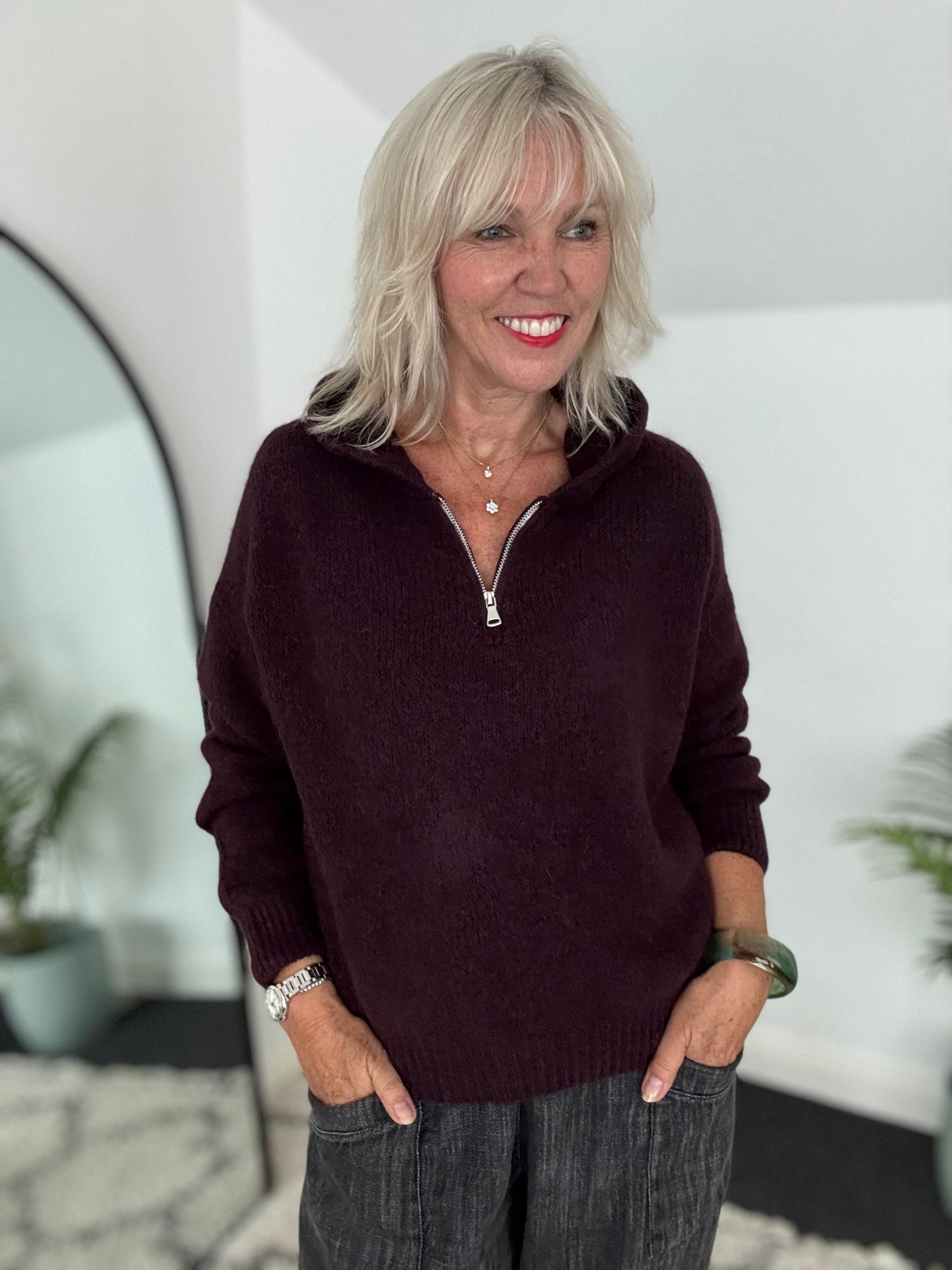 Hooded Mohair Jumper in Deep Plum