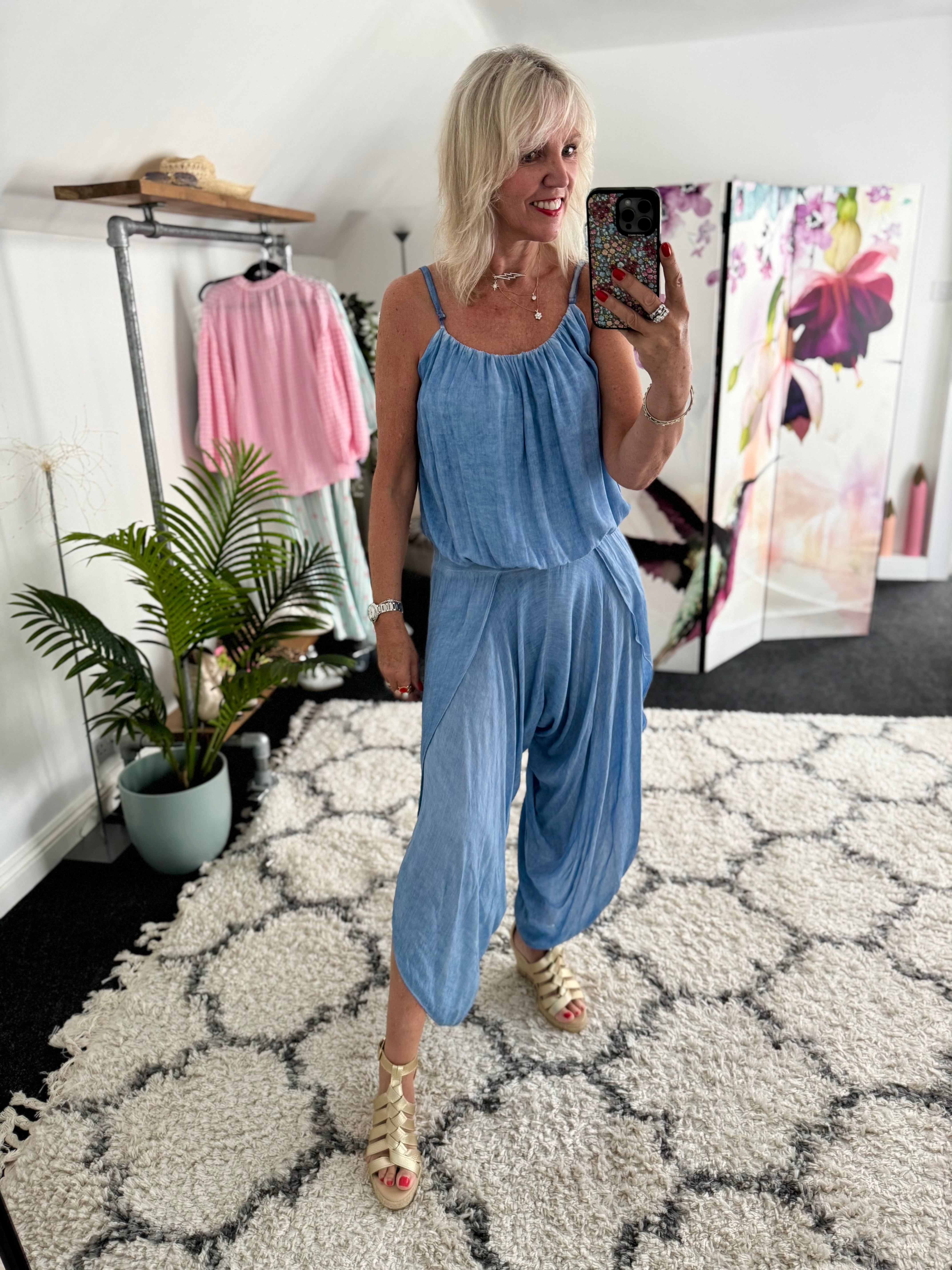 Split Leg Jumpsuit in Vintage Blue