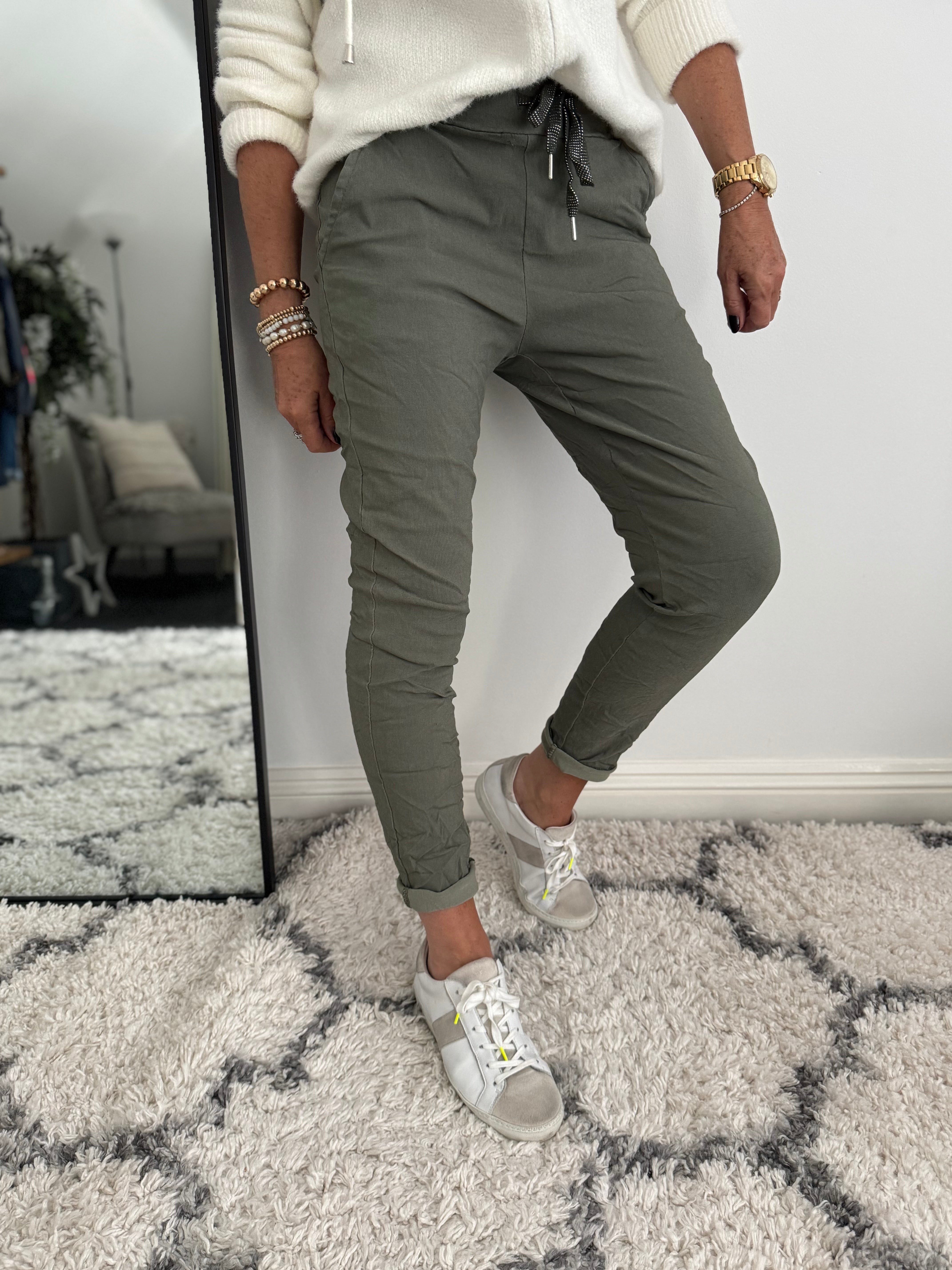Super Stretch Joggers with Sparkly Tie in Khaki