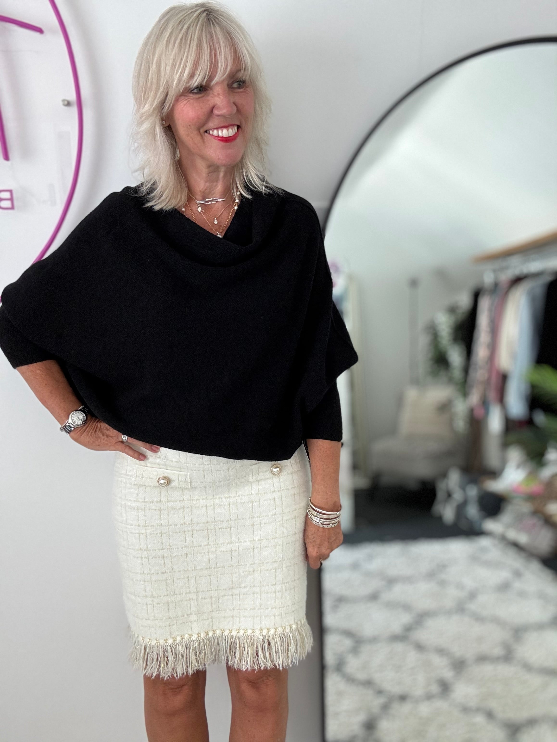 Pearl Button & Tweed Skirt in Ivory
