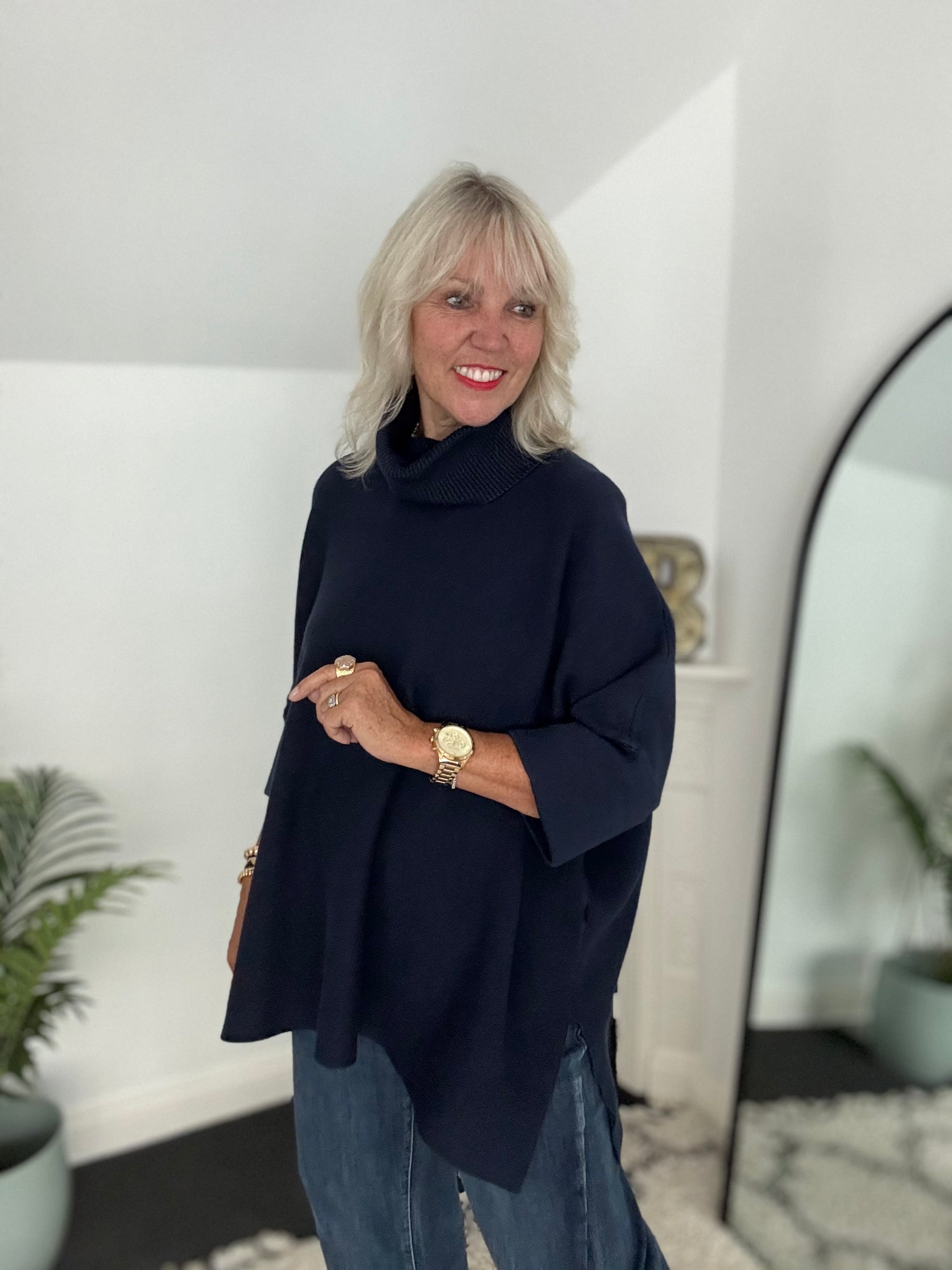 Oversized Roll Neck Poncho Jumper in Ink