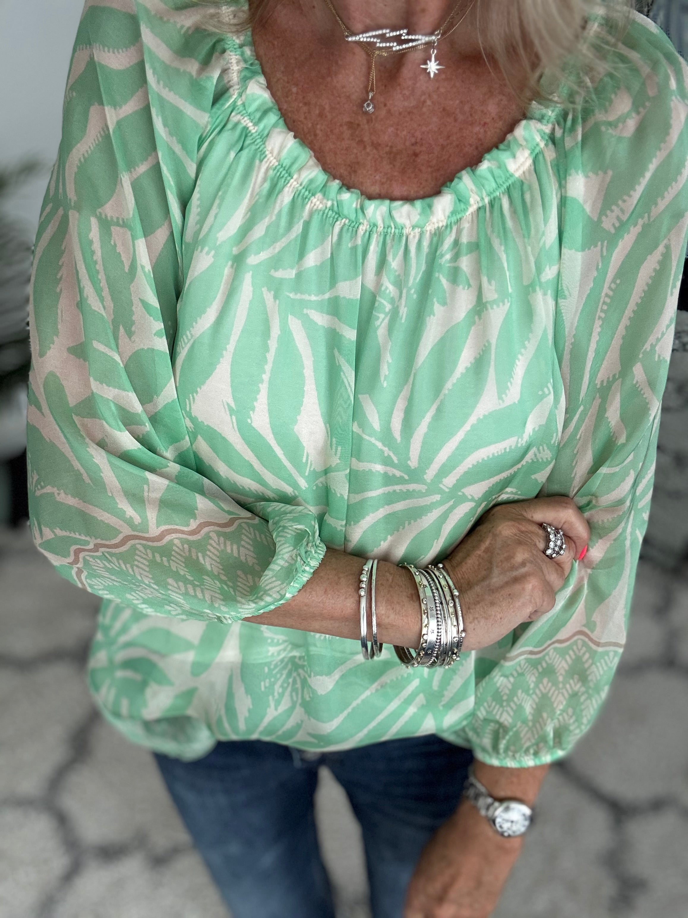 Silk Top in Mint & Ivory