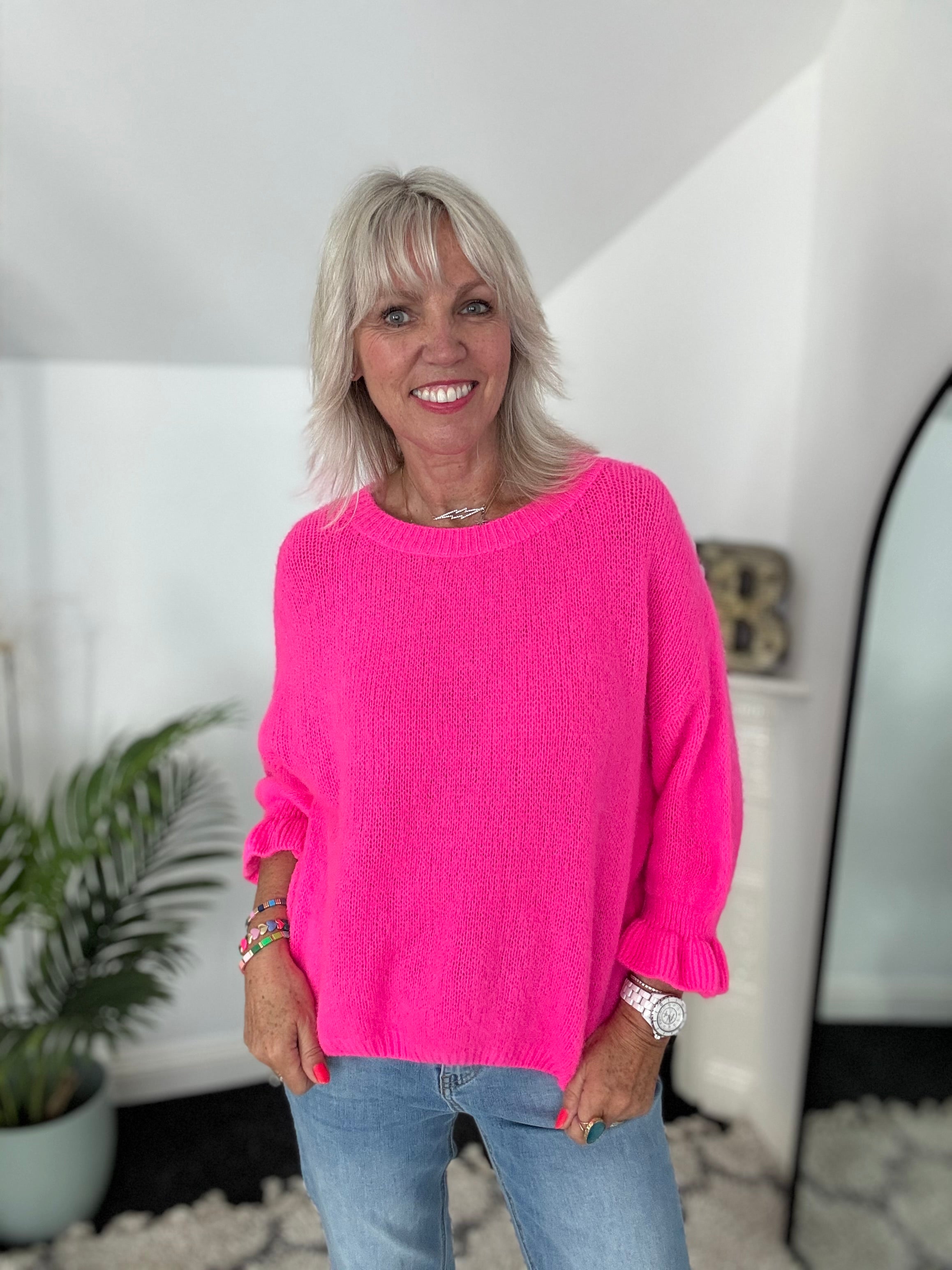 Alpaca Jumper with Frill Cuffs in Neon Pink