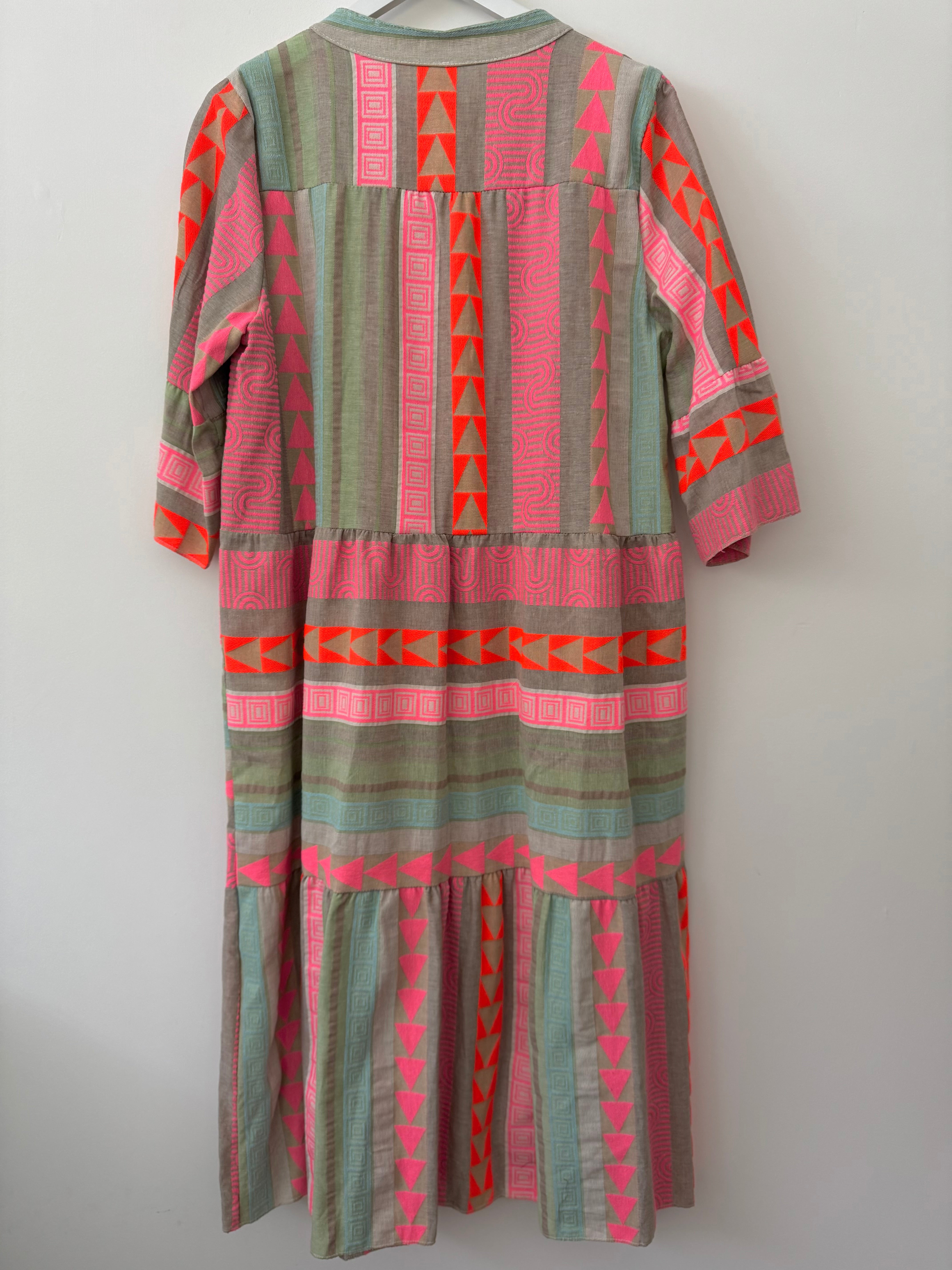 Embroidered Cotton Dress in Khaki & Pink