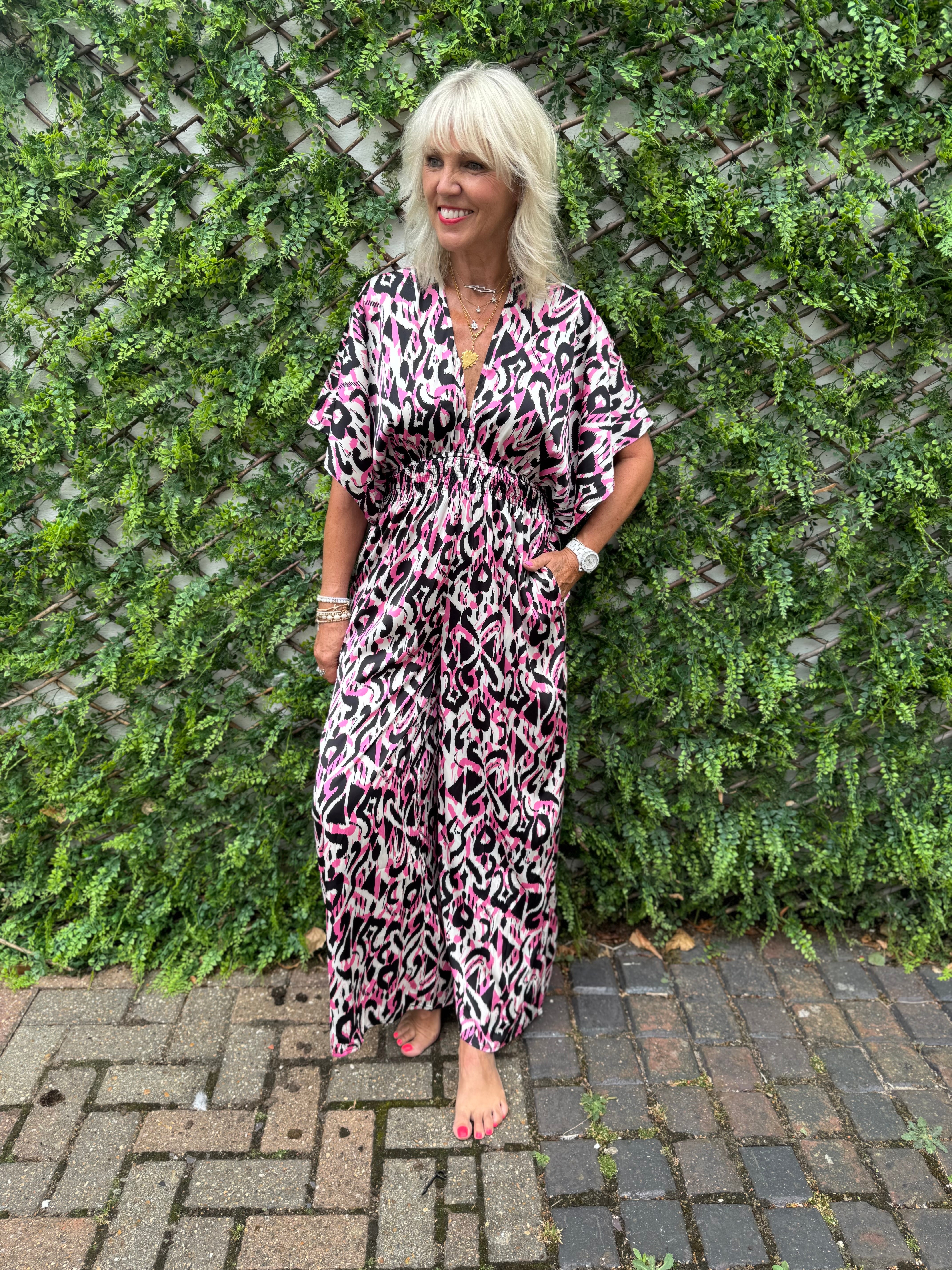 Silky Ikat Jumpsuit in Pink & Black