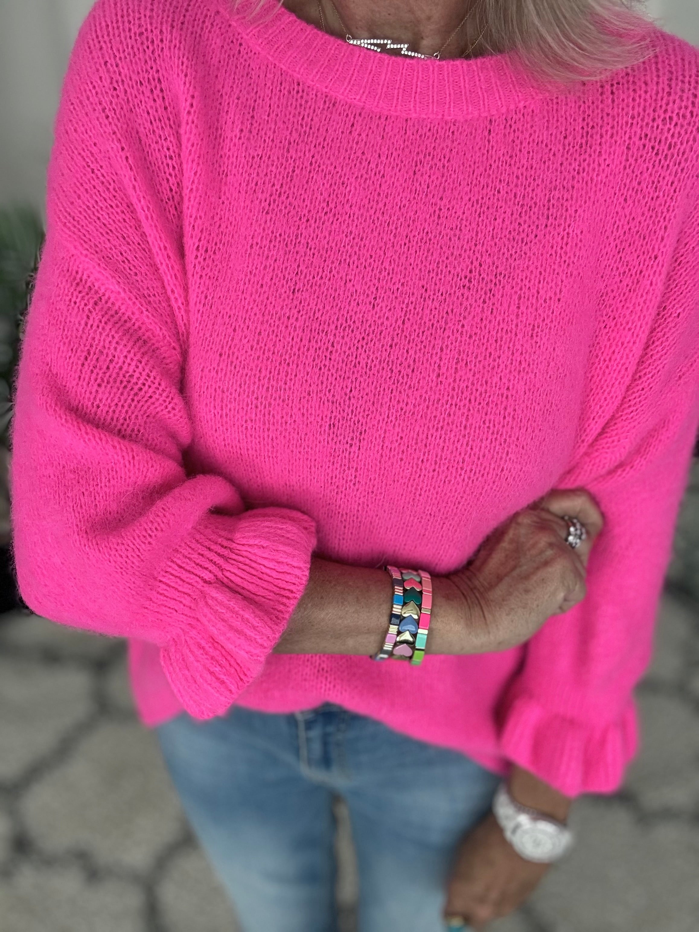Alpaca Jumper with Frill Cuffs in Neon Pink