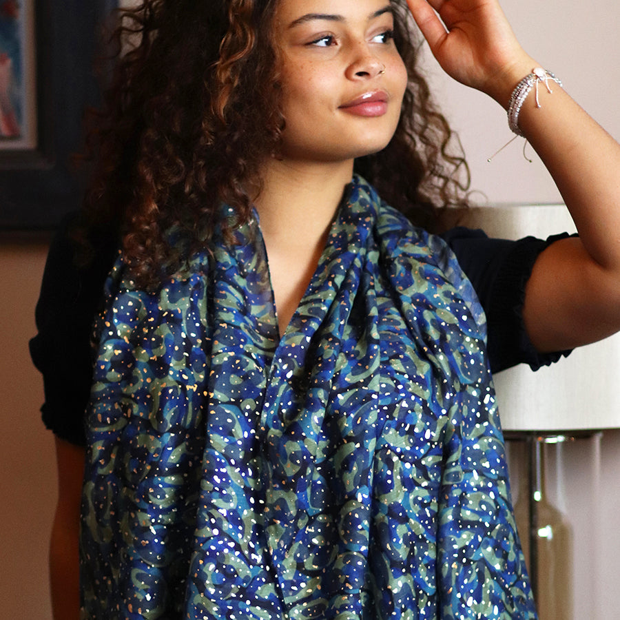 Camo Scarf in Blue, Green & Metallic