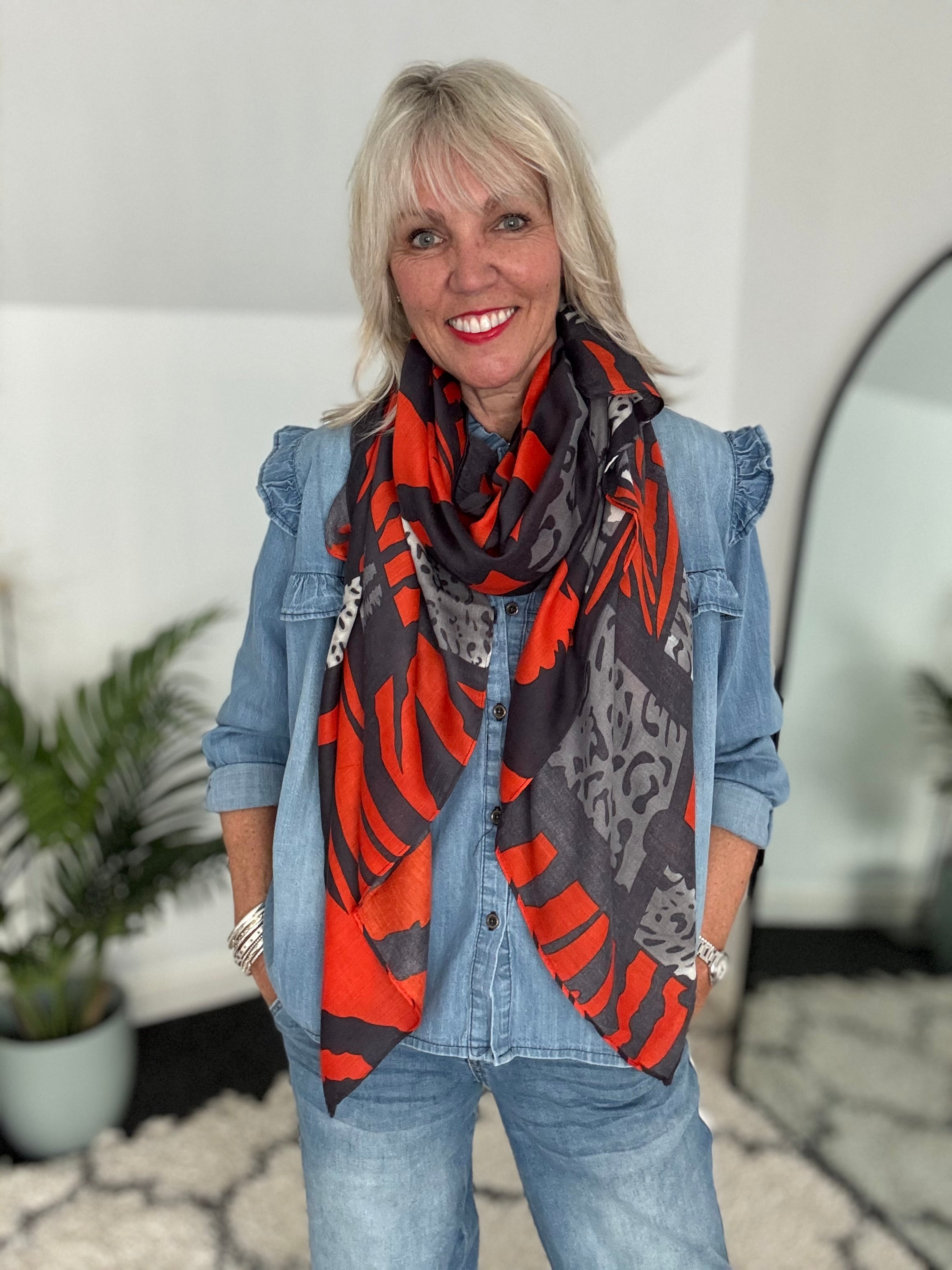 Striking Geo & Animal Print Scarf in Orange & Grey